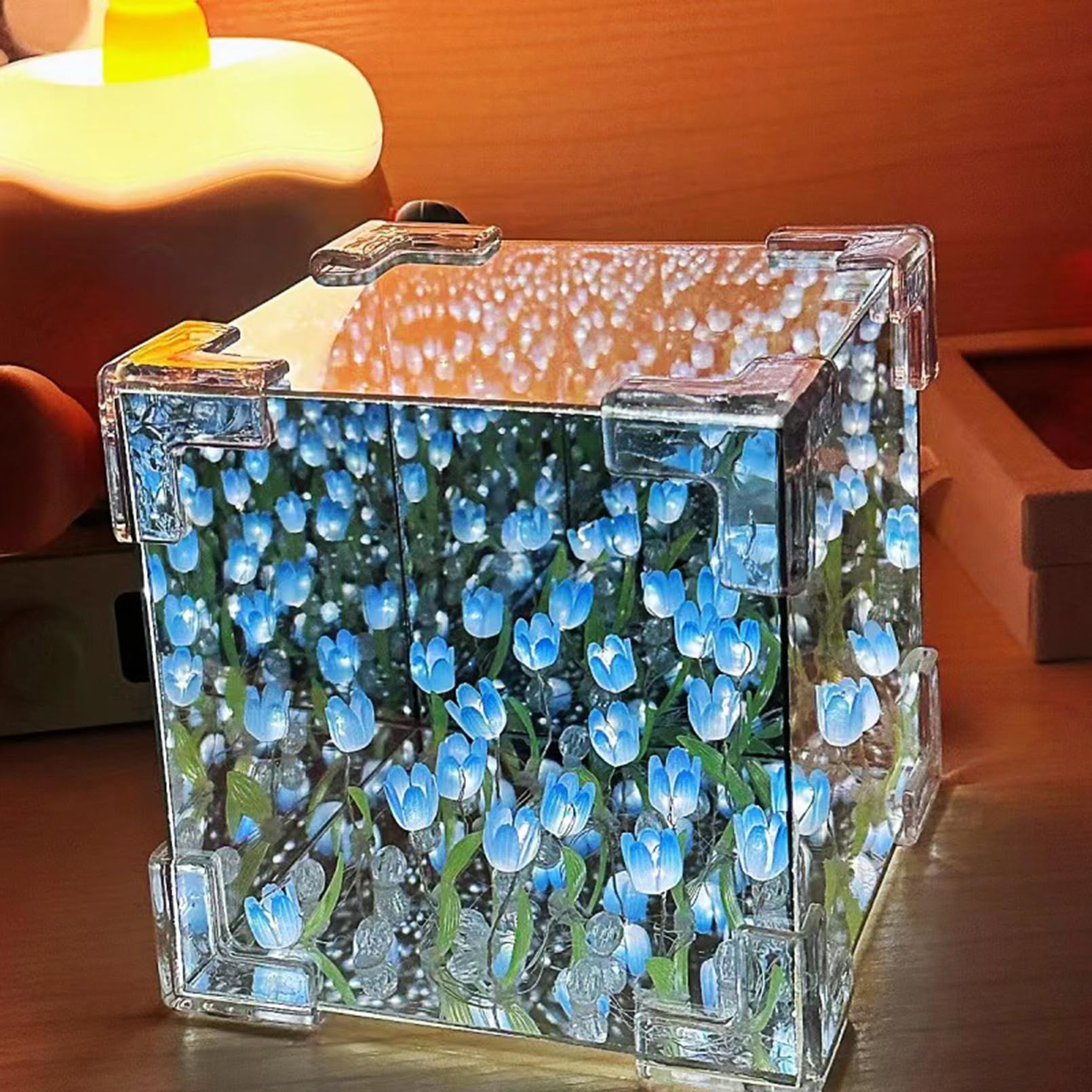 20 Flowers DIY Tulip Cube Mirror Lamp, LED Handmade Tulip Ocean Cloud Lights, USB Charge Tulip Mirror Night Lights for Bedroom, Creative Gift for Teen Girls, Couple, Friends (Blue)-image-10