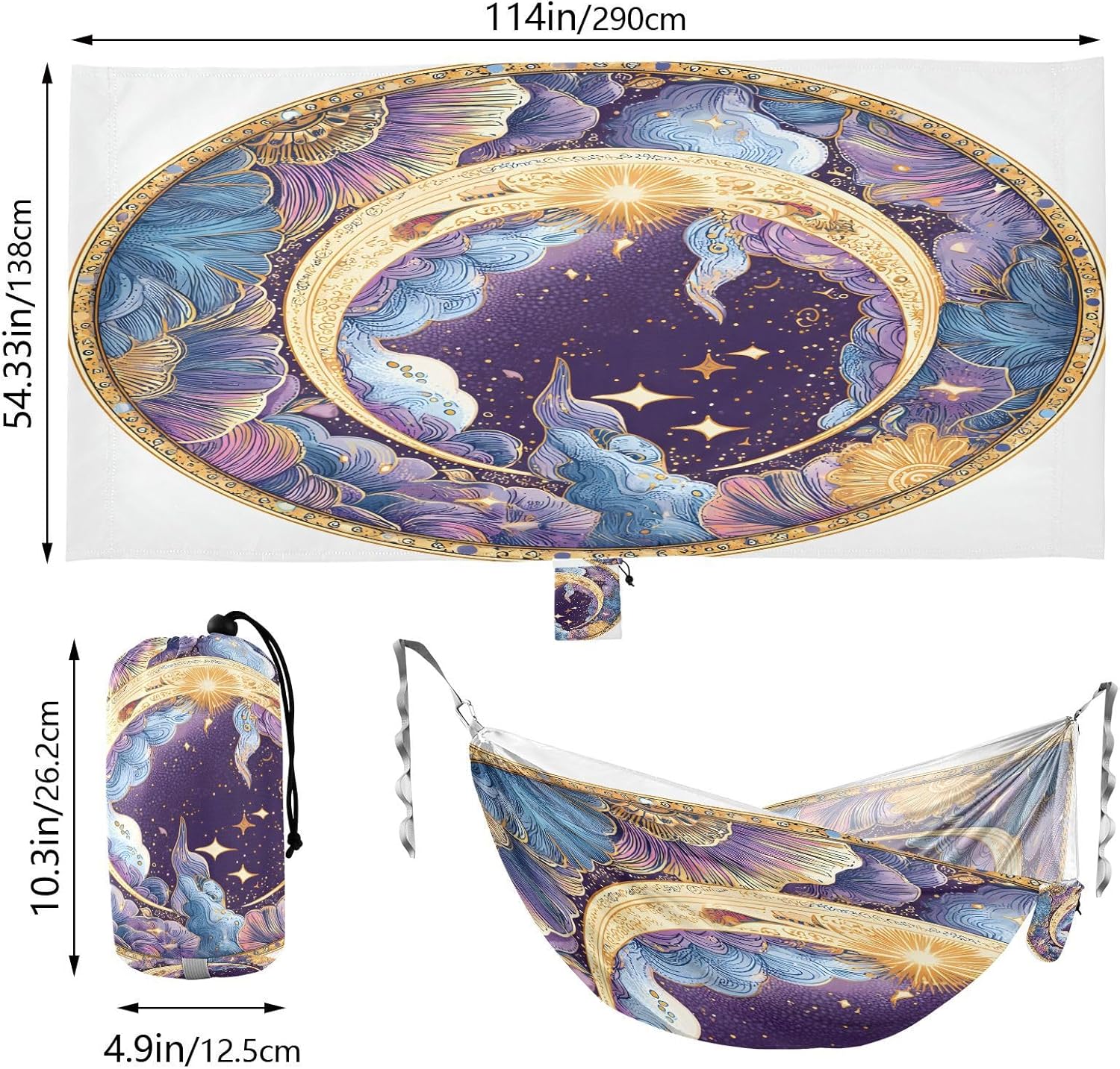 ALAZA Luxurious Crescent Moon Satrs Camping Hammocks Single or 2 Person 500 lbs Portable Parachute Travel Hammock w/Tree Straps for Hiking Backpacking Indoor Outdoor