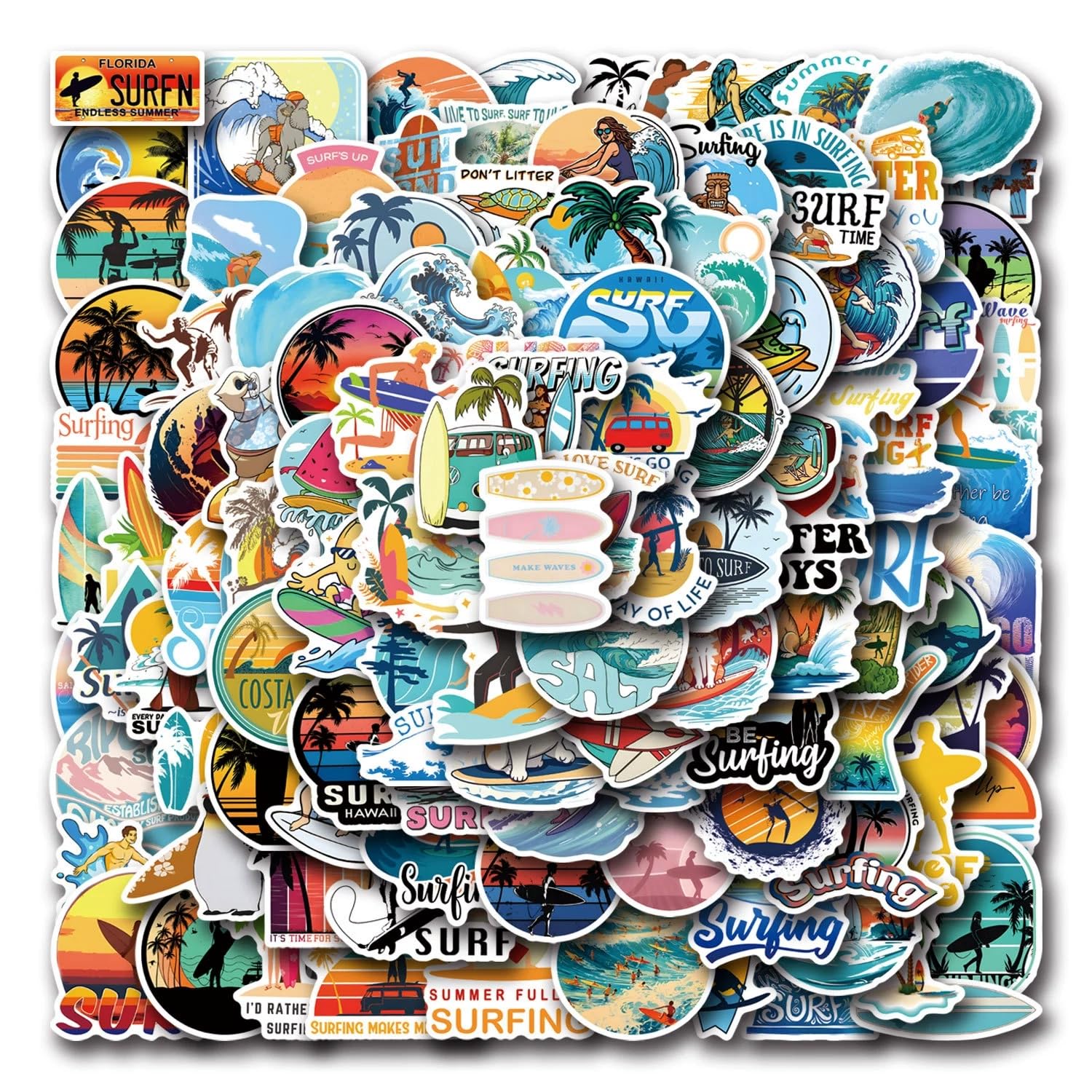 Luzhans Surfen wasserdichte Aufkleber Set Geschenk für Jugendliche Erwachsene 100 Stück Surf Vinyl Sticker Deko für Auto Motorräder Fahrrad Skateboard Snowboard Gepäck Laptop Scrapbook Auto Koffer