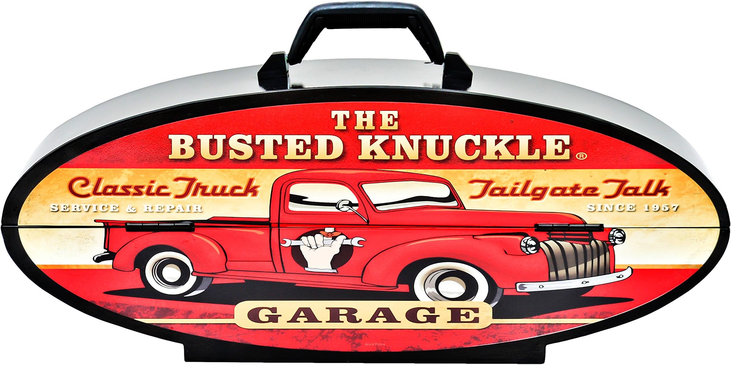 Goboxes 1064 Oval Shaped Steel Toolbox with Busted Knuckle Garage Pickup, Black/Red