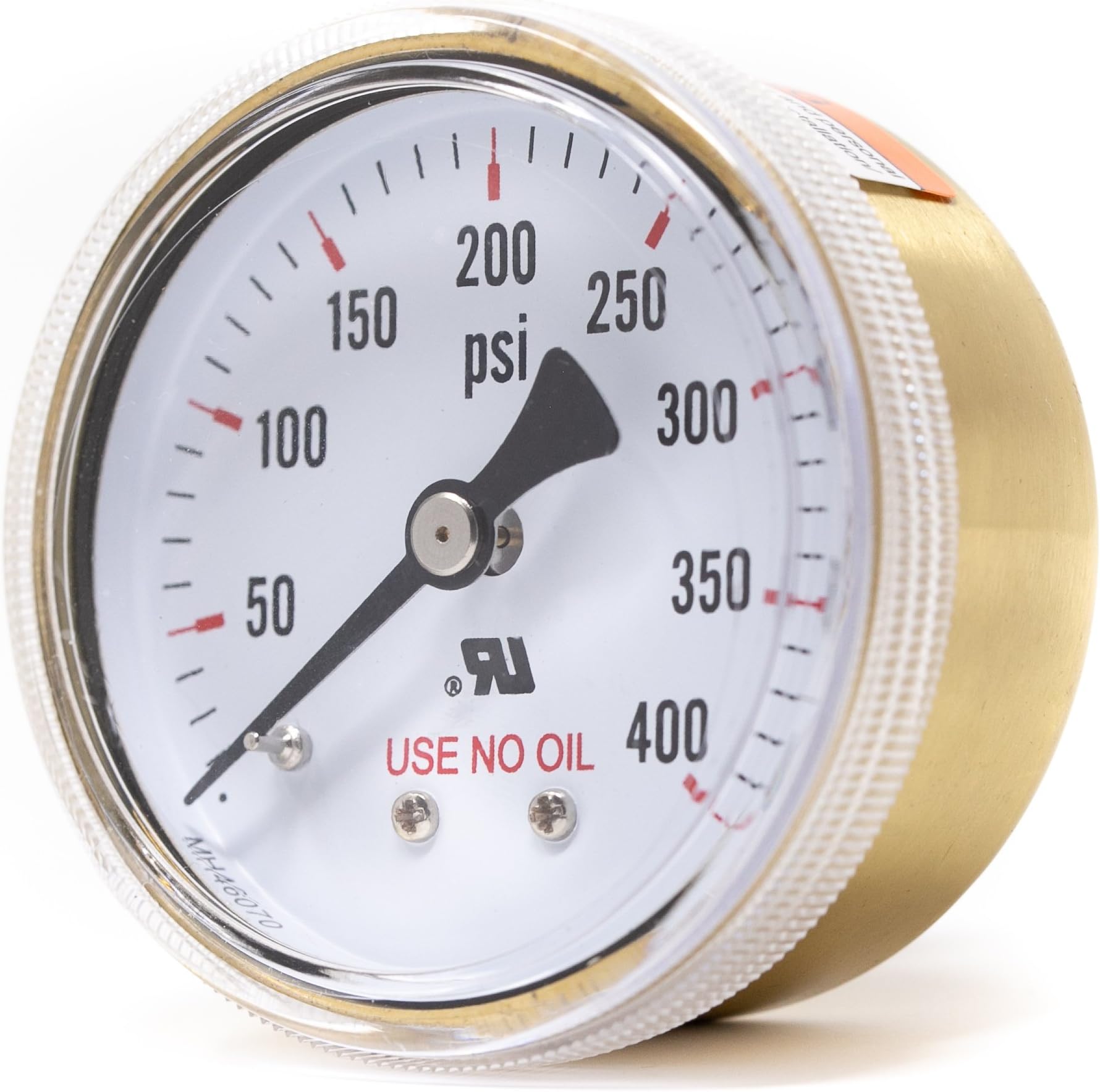 PIC Gauge 502D-UNO-204I 2" Dial, 0/400 psi Range, 1/4" Male NPT Connection Size, Center Back Mount Dry Oil Free Pressure Gauge with a Polished Brass Case, Copper Alloy Bourdon Tube, and Twist-on Plastic Lens