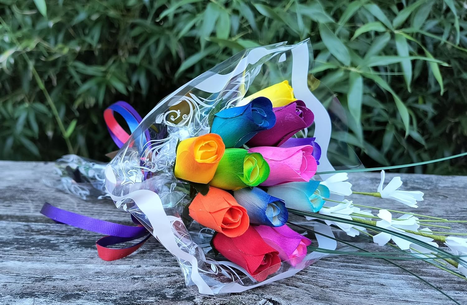 Assorted Colors Wooden Rose Closed Bud Bouquets 1 Dozen