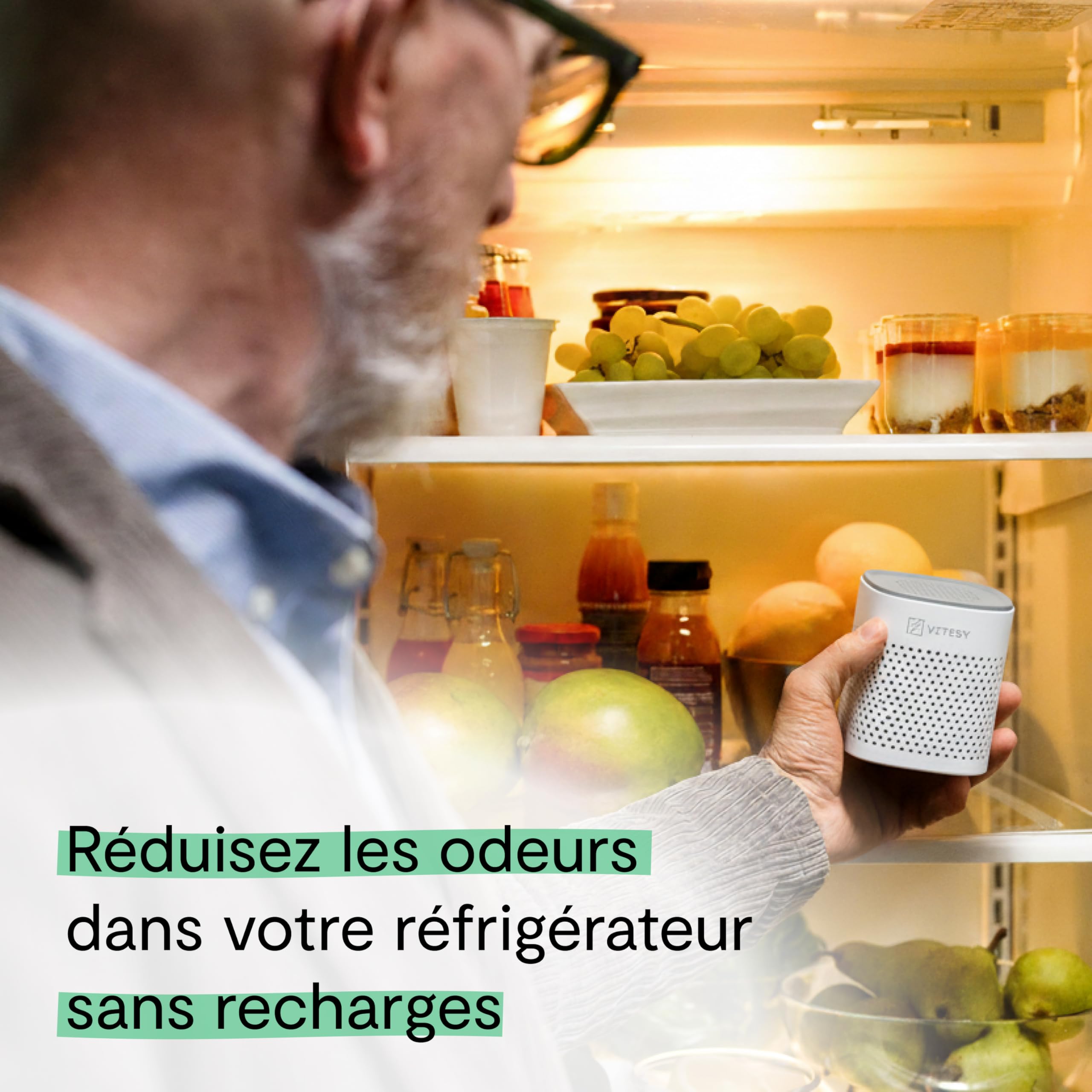 Vitesy Deo Absorbeur d'odeurs naturel pour réfrigérateur, voiture, armoire et chaussures | Élimine les odeurs sans recharge, réutilisable pendant 10 ans | Compact et portable