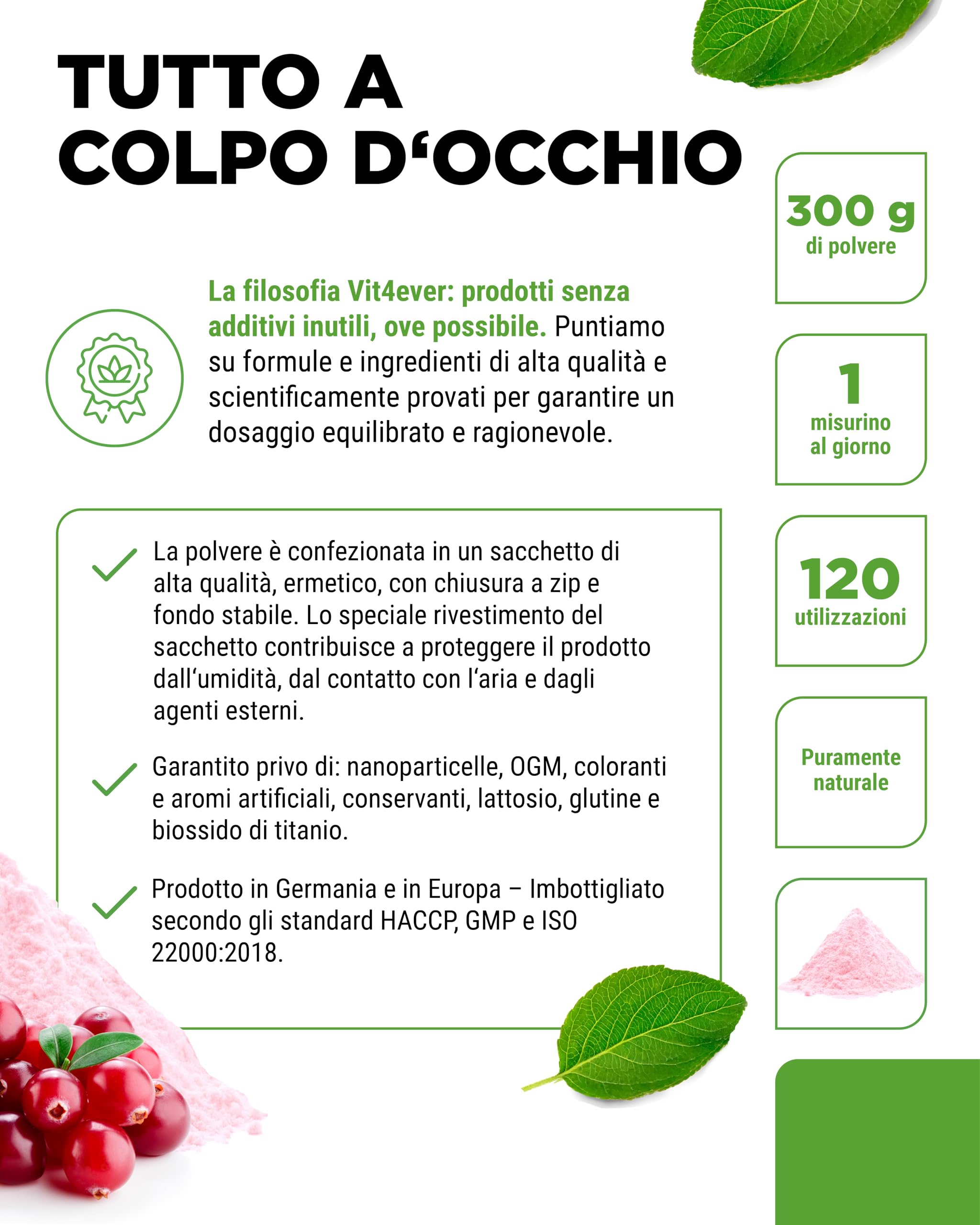 vit4ever D-Mannosio in Polvere con Estratto di Cranberry (Mirtillo Rosso) - Alto Dosaggio con 2000 mg di D-Mannosio e 500 mg di Cranberry - 300 g di Polvere - 120 Applicazioni - Vegano