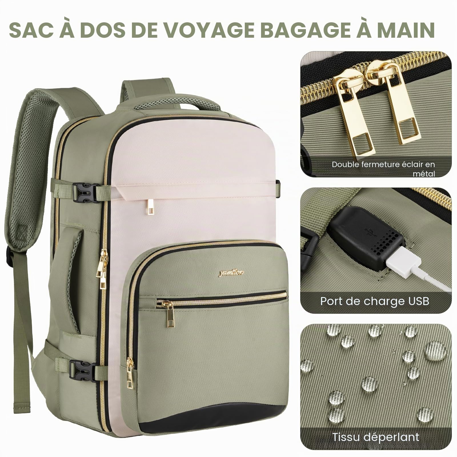 YAMTION Sac à dos de voyage cabine femme Vert avec 4 cubes de rangement, sac de week-end adapté aux vols, idéal pour les affaires, la randonnée, le travail, l'école et les études