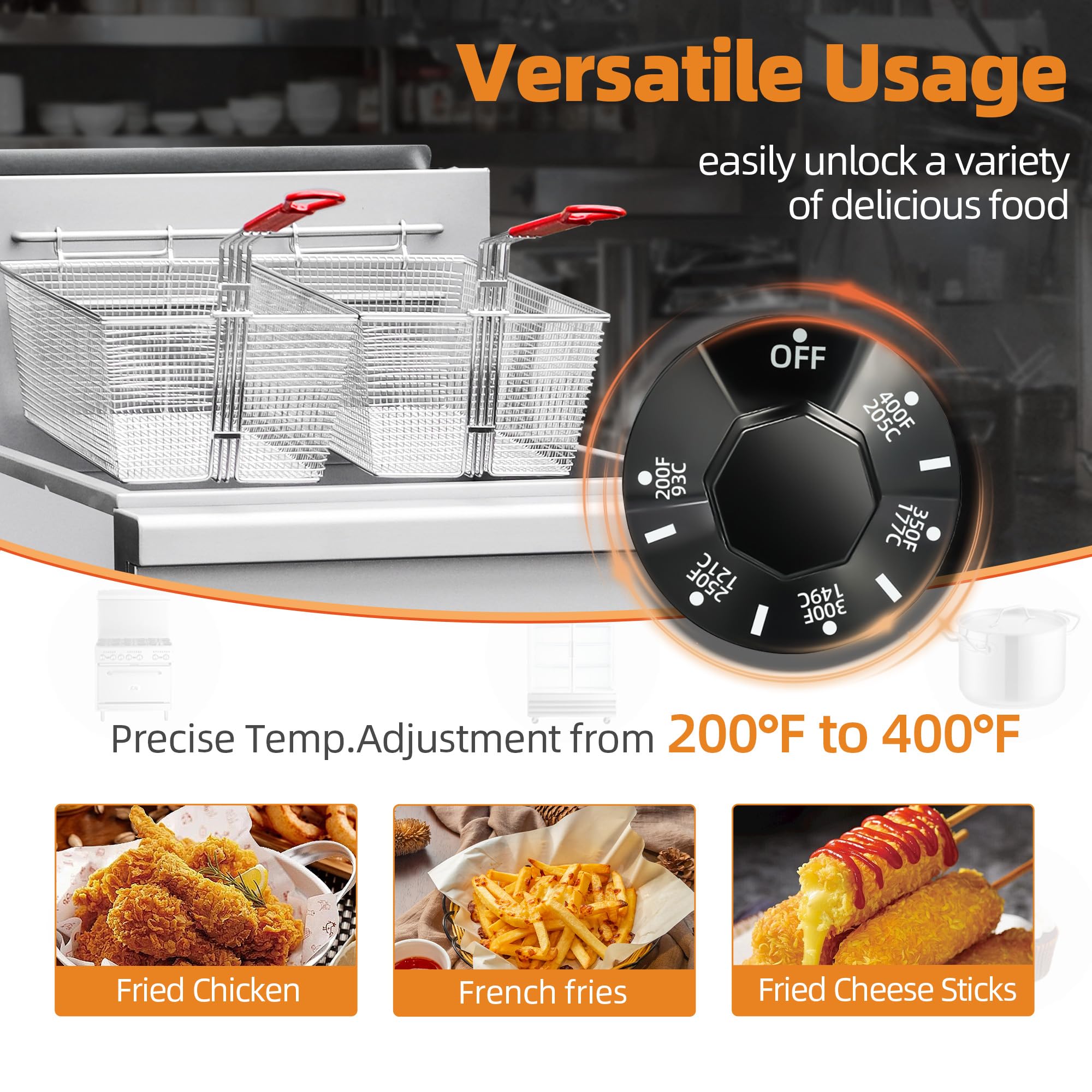 CHUMART Commercial Deep Fryer with 2 Baskets, 90000 BTU Propane Gas Fryer - CSA Certified, 200°F-400°F Precision Temp Control, Stainless Steel Floor Fryer for Restaurants, Fast Food, Food Trucks