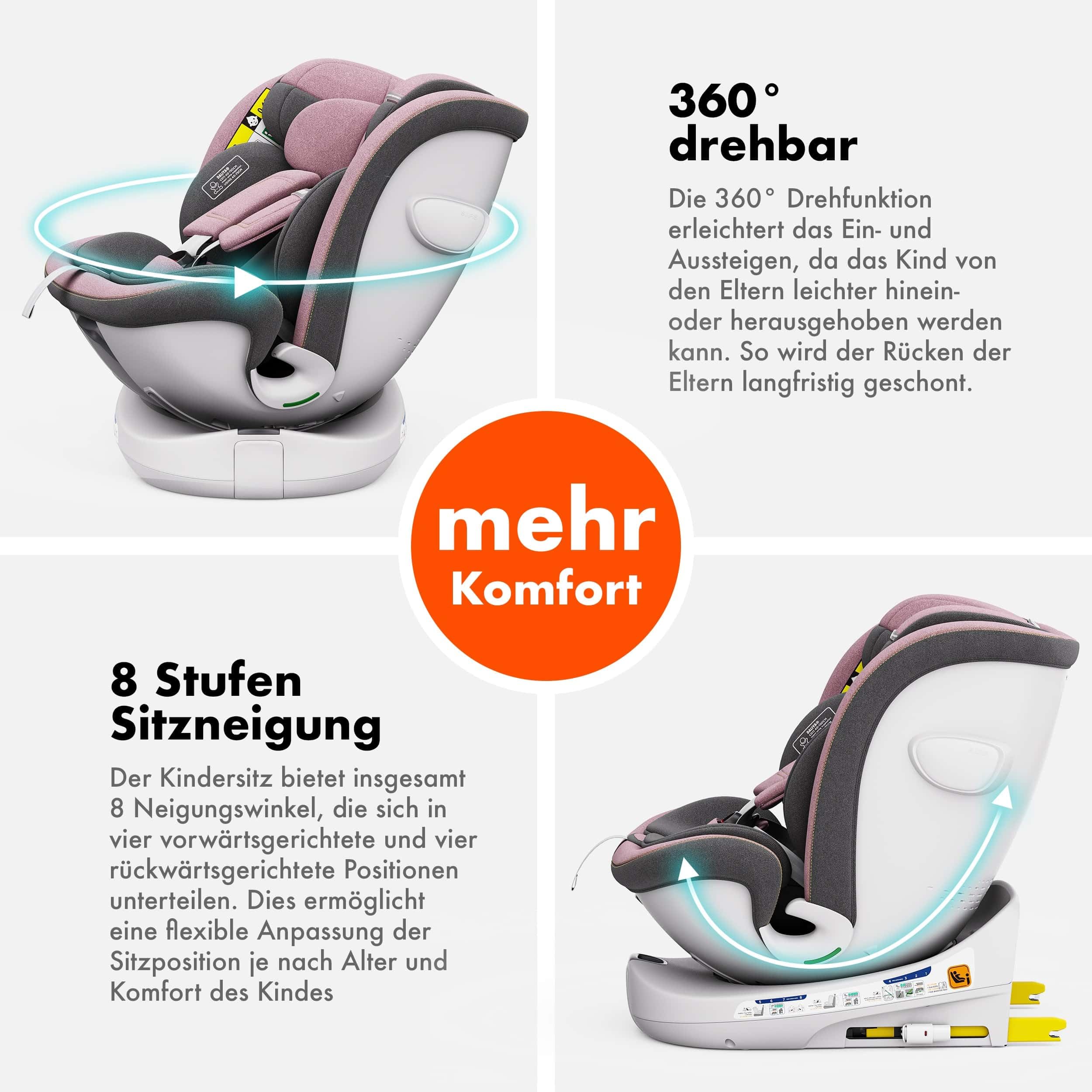 Daliya® Kindersitz ROTAZIONE | I-SIZE 40-150 cm | 8 Pos. | Isofix | (SIP) | Top Tether | 360° | 5 Punkt Gurt | Gruppe 0+ / I/II/III 0-36 KG | Neueste Zulassungs UN ECE Reg. 129 (Rosa)