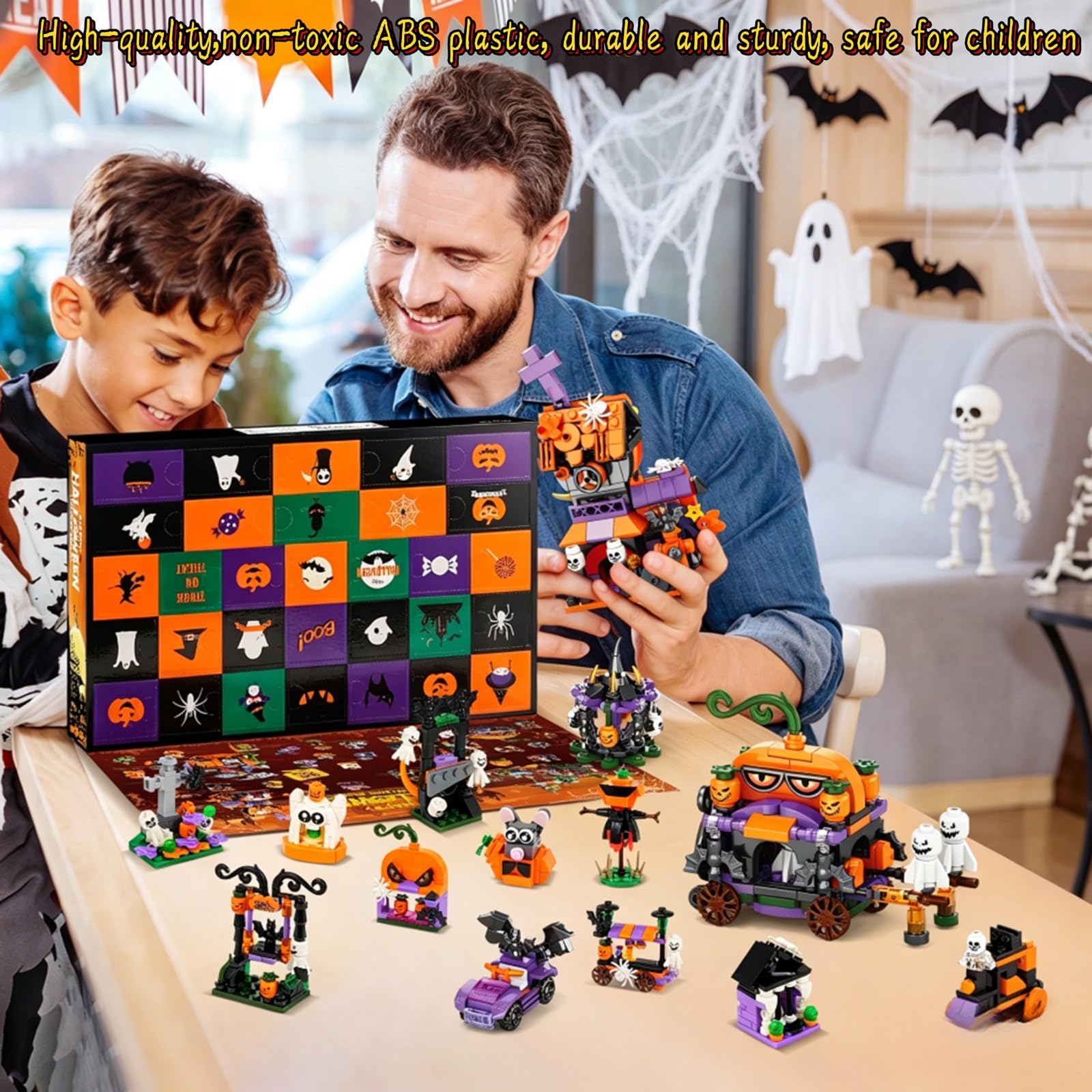 Calendario de Adviento de Halloween 2026 para niños y adultos, calendarios de cuenta regresiva de 31 días, casa encantada espeluznante, fantasmas, murciélagos y calabazas, bloque de construcción de
