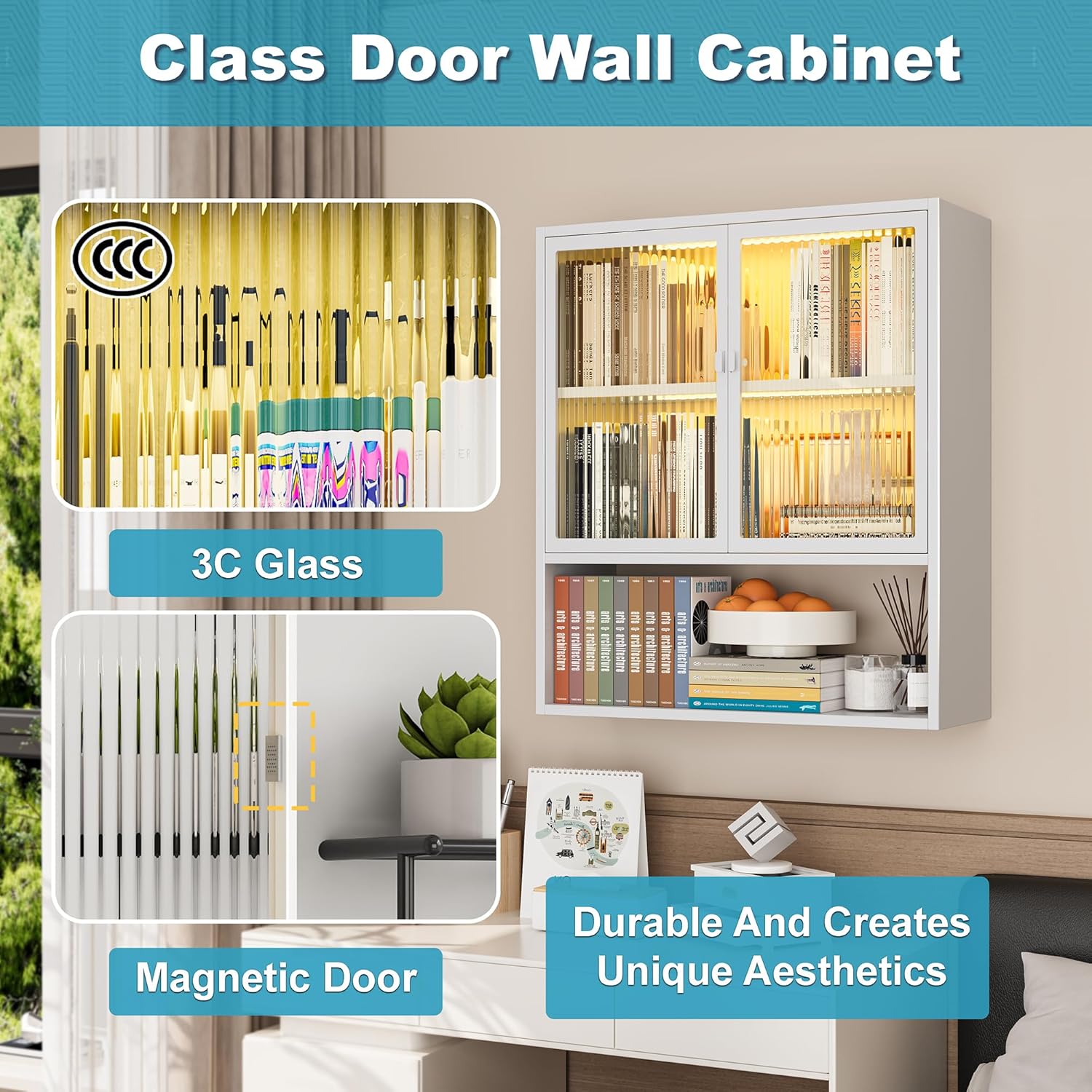 Wall Mounted Bathroom Cabinet with Glass Doors and LED Lights, Metal Medicine Cabinet with Magnetic Door, Over The Toilet Storage for Bathroom, Kitchen, Laundry Room，White