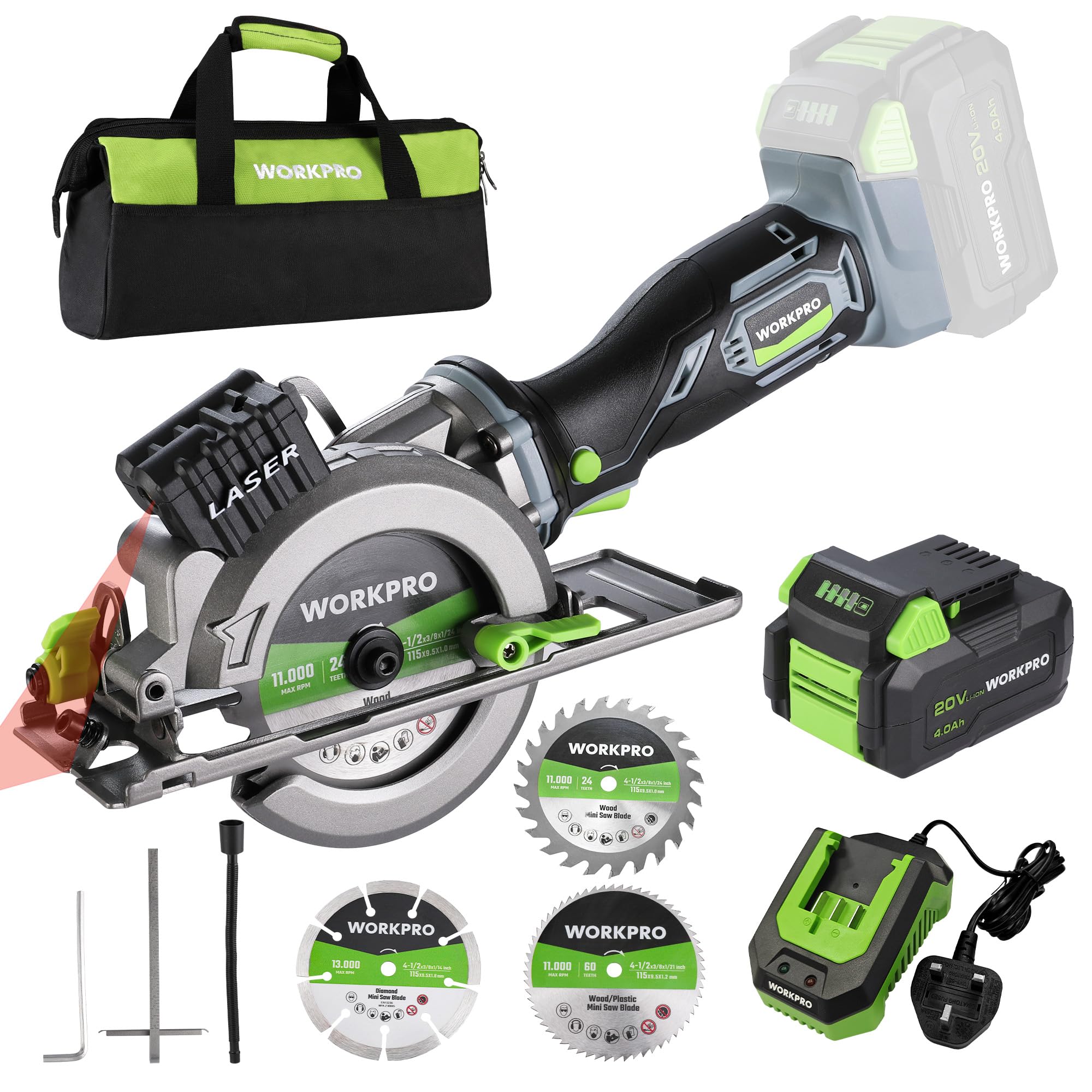 WORKPRO 20V Mini Circular Saw, Cordless Circular Saws with 4.0Ah Battery & Fast Charger, 115 MM Compact Electric Circular Saw for Wood, Tile & Plastic Cutting