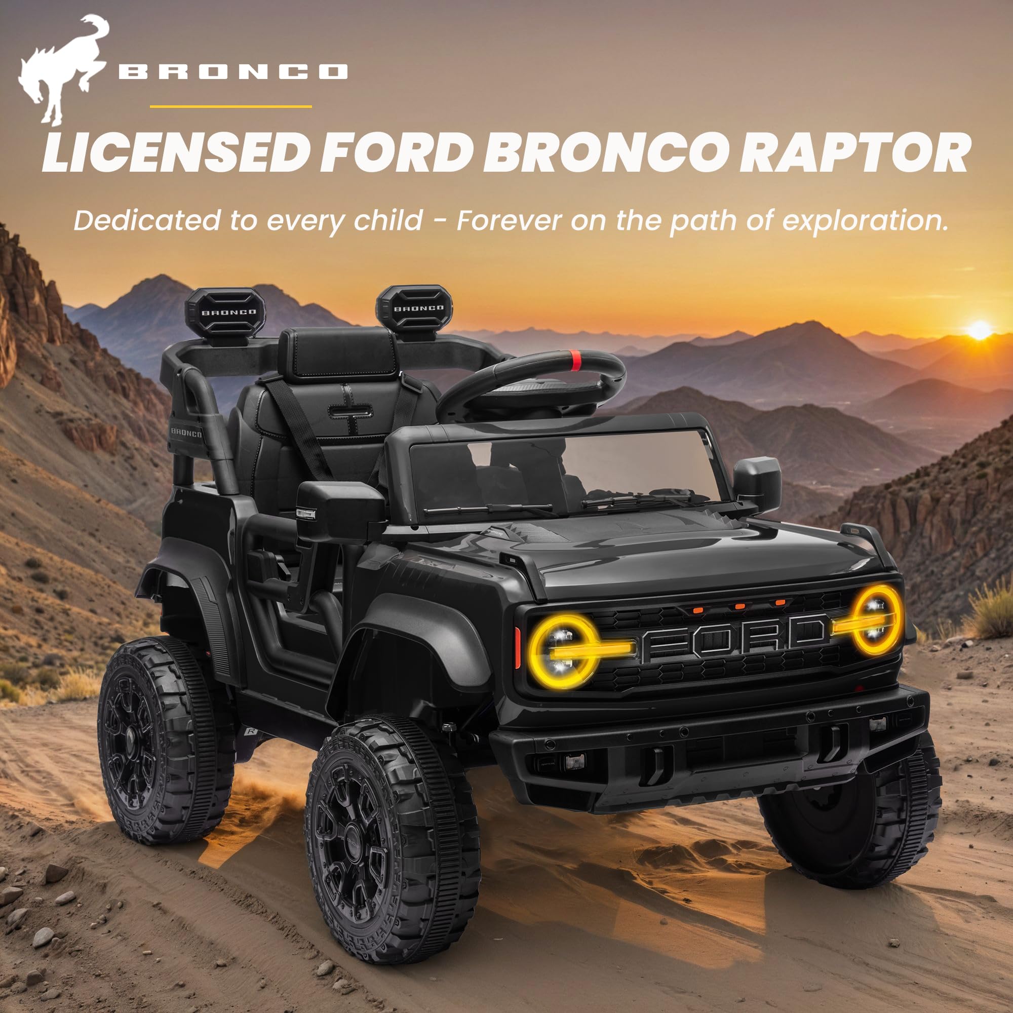 12v Ride On Truck with Remote Control Licensed Ford Bronco Raptor Electric Vehicle for Kids,Toddler Cars to Drive,Sefety Belt,Lockable Door,Slow Start,1.3-2.5 Mph,Bluetooth Music