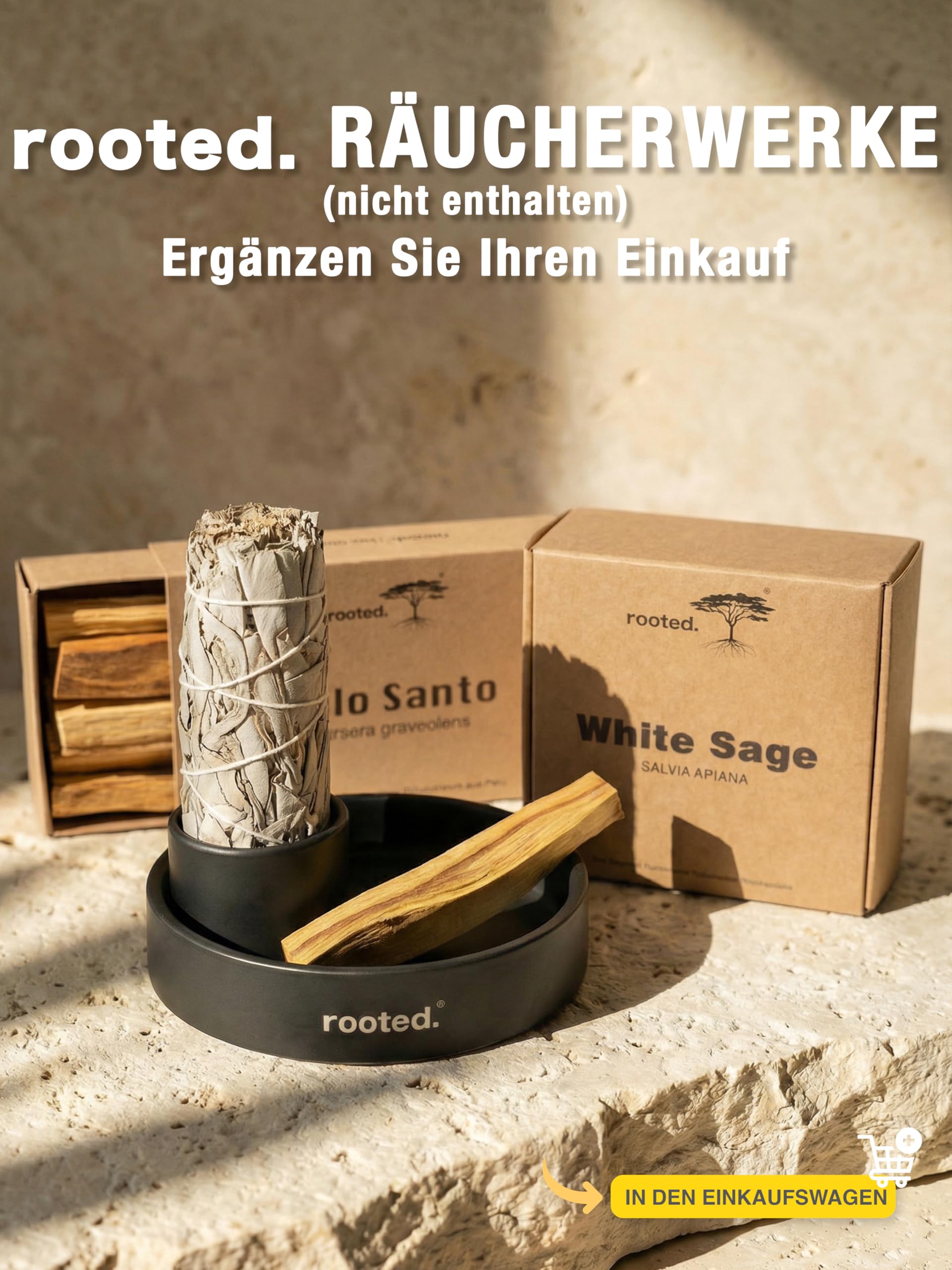rooted.® Designerska miska do wędzenia 3 w 1 [matowa czerń] – ognioodporna miska ceramiczna do Palo Santo, białej szałwii i kadzidełek | nowoczesna, minimalistyczna, do rytuałów i czyszczenia