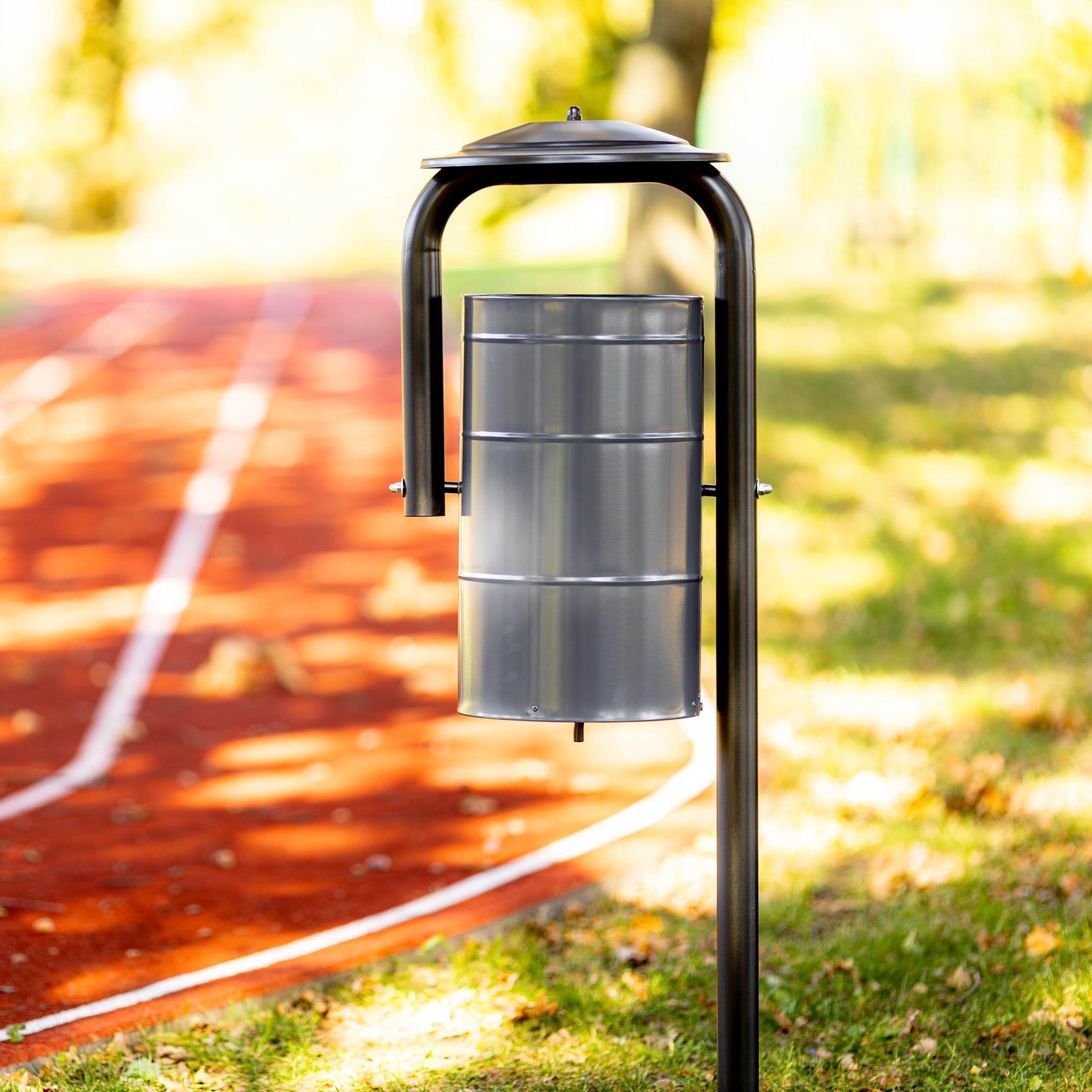 REKORD Robuster Abfallbehälter Grau 30L Mülltonne für Park Garten Stadt Outdoor Wetterfest Metall Modernes Design mit Regenschutz