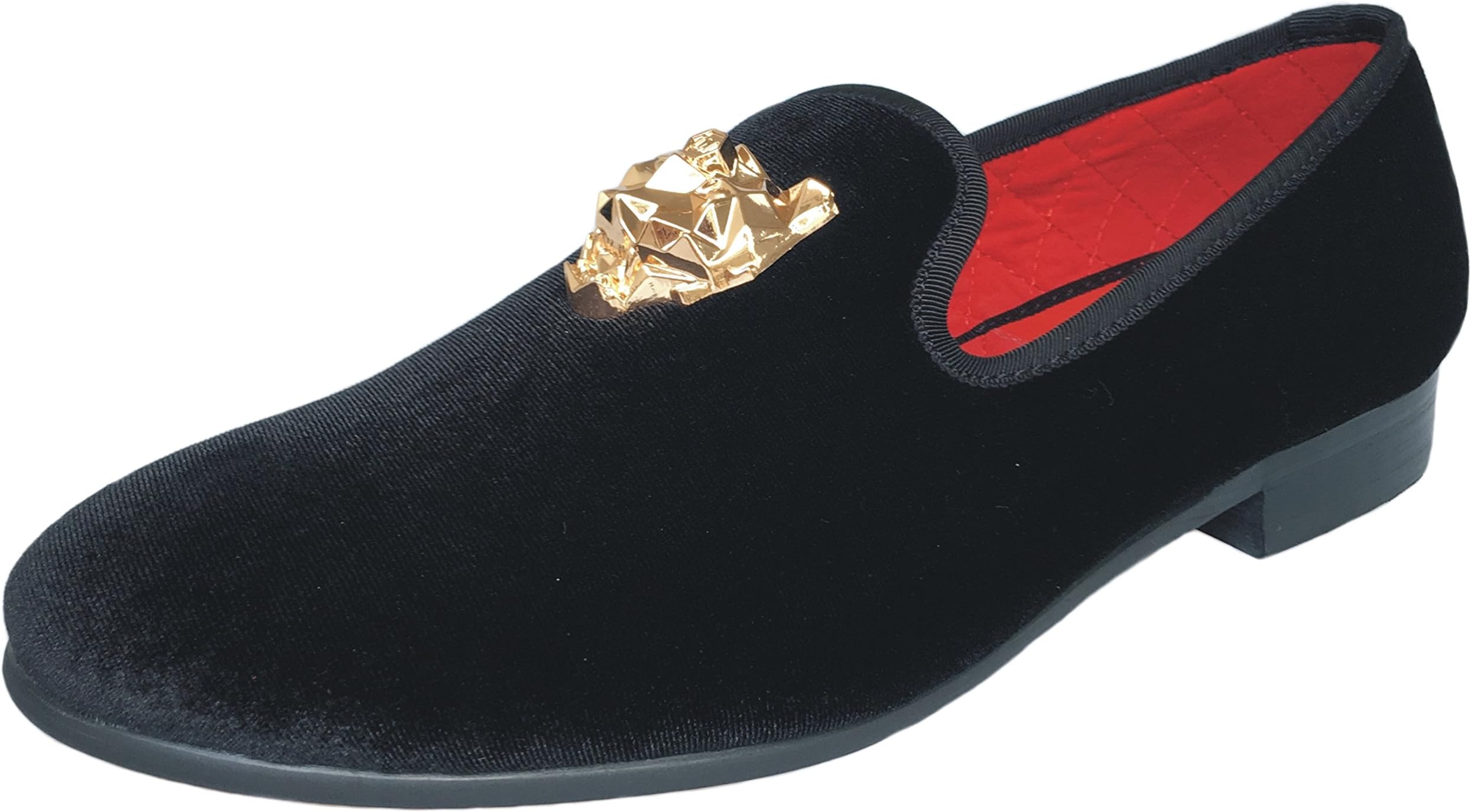 JustarMen's Velvet Loafers Slip-on Dress Shoes with Gold Buckle Penny Loafer Red Slippers Flats