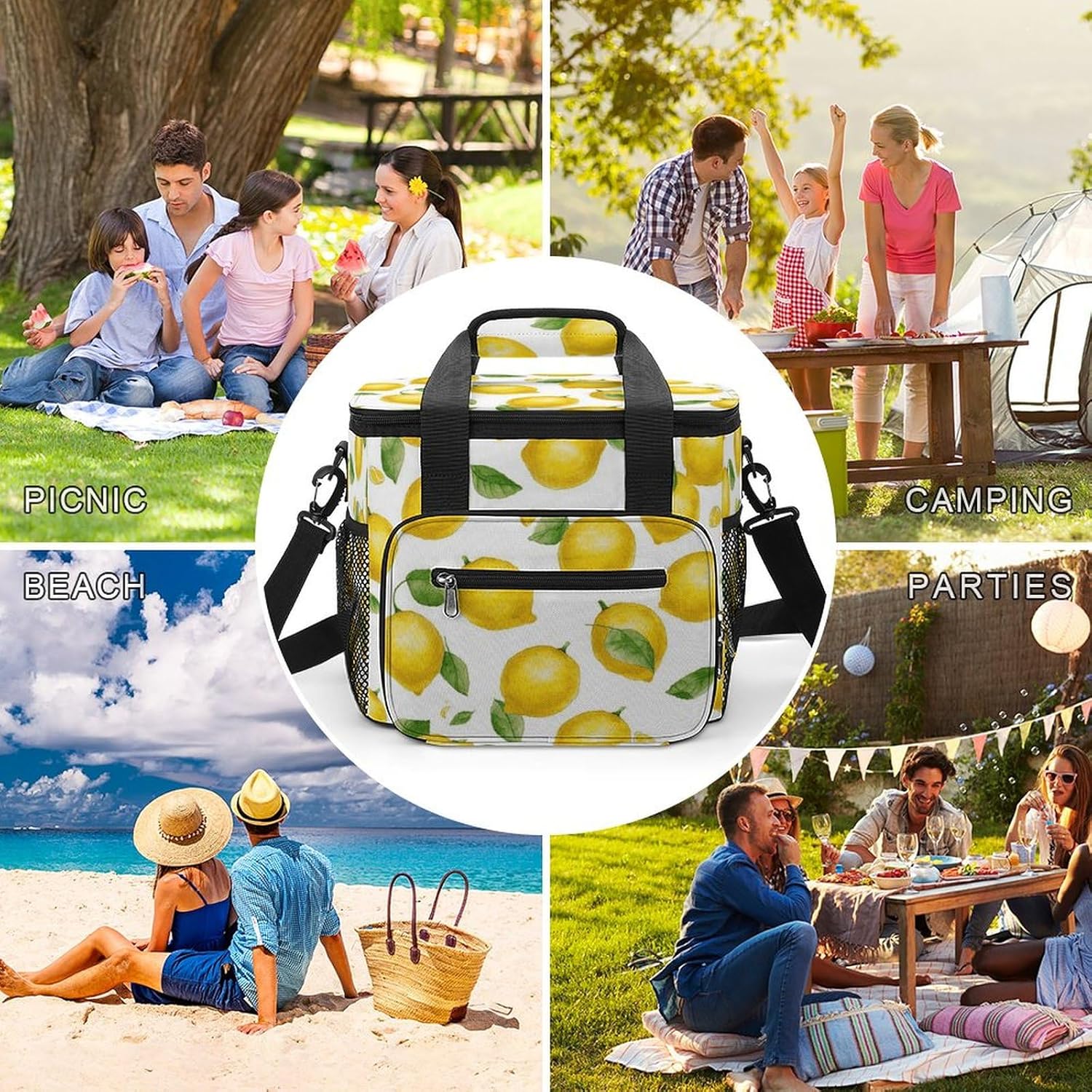 Camping Ice Pack, Yellow Lemon Print Cooler Bag, 22.5L Large Capacity Insulated Lunch Tote Bag for Outdoor, Picnic, BBQ, Travel, Work