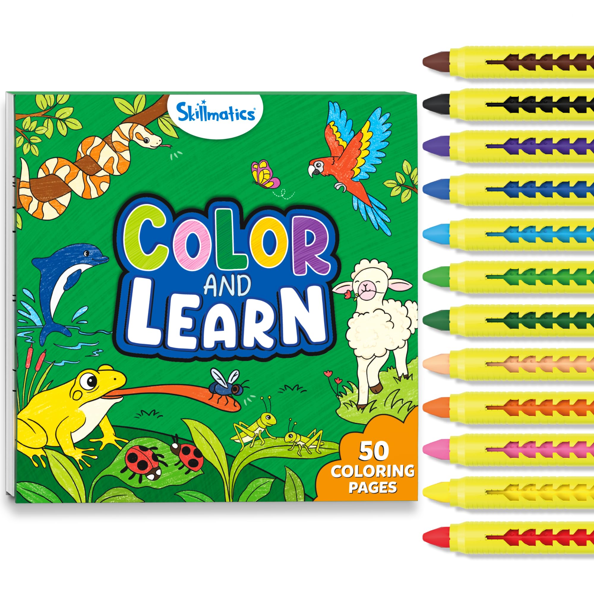 Skillmatics Color & Learn Activity Book – Learn 160+ Animals, 12 Retractable Mess-Free Crayons & 50 Pages, Educational Gift for Toddlers and