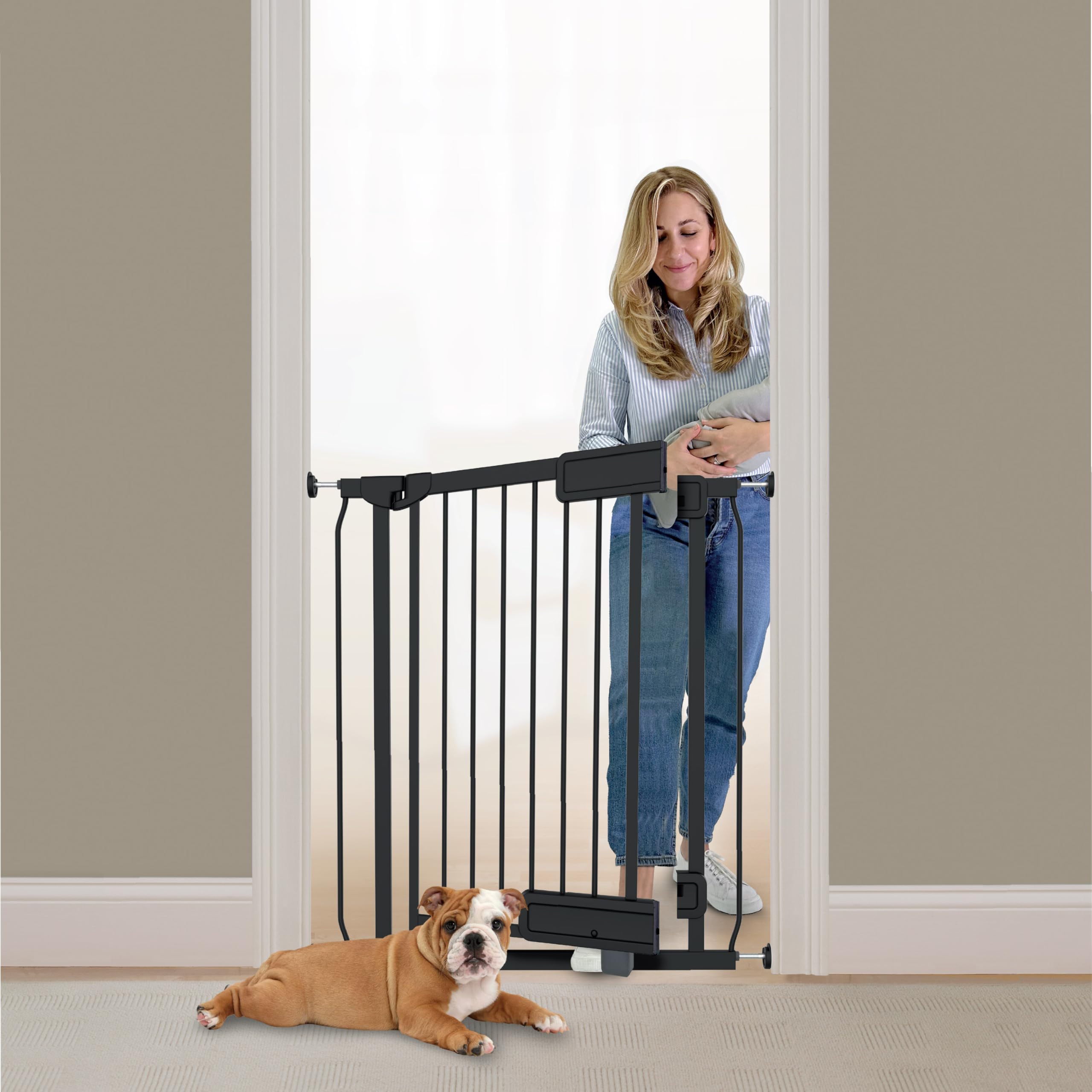 Ingenuity Hands-Free Barrera Seguridad Niños, Funcionamiento A Pedal/Apertura Con Una Mano, 73-80cm Ancho, Fijación Por Presión/Hardware, Extensión Disponible, Barrera para Perros Sin Tornillos