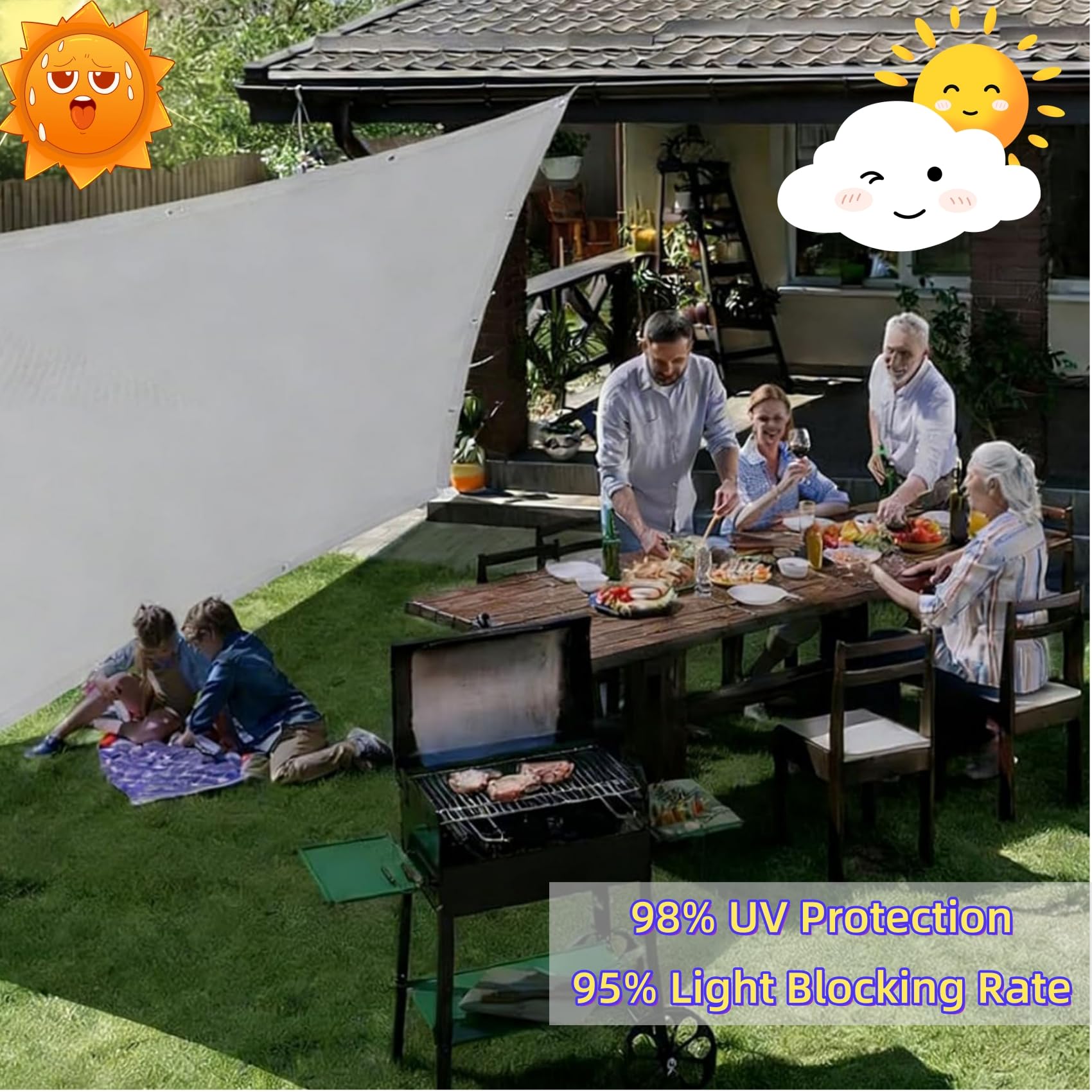 Sonnensegel 250 x 500 cm Wasserdicht 98% Uv-Schutz Windschutz Sonnenschutz Sonnendach Ohne Bohren mit Ösen Und Seil Nach Mass für Balkon Terrasse Garten Pool Camping, Hellgrau