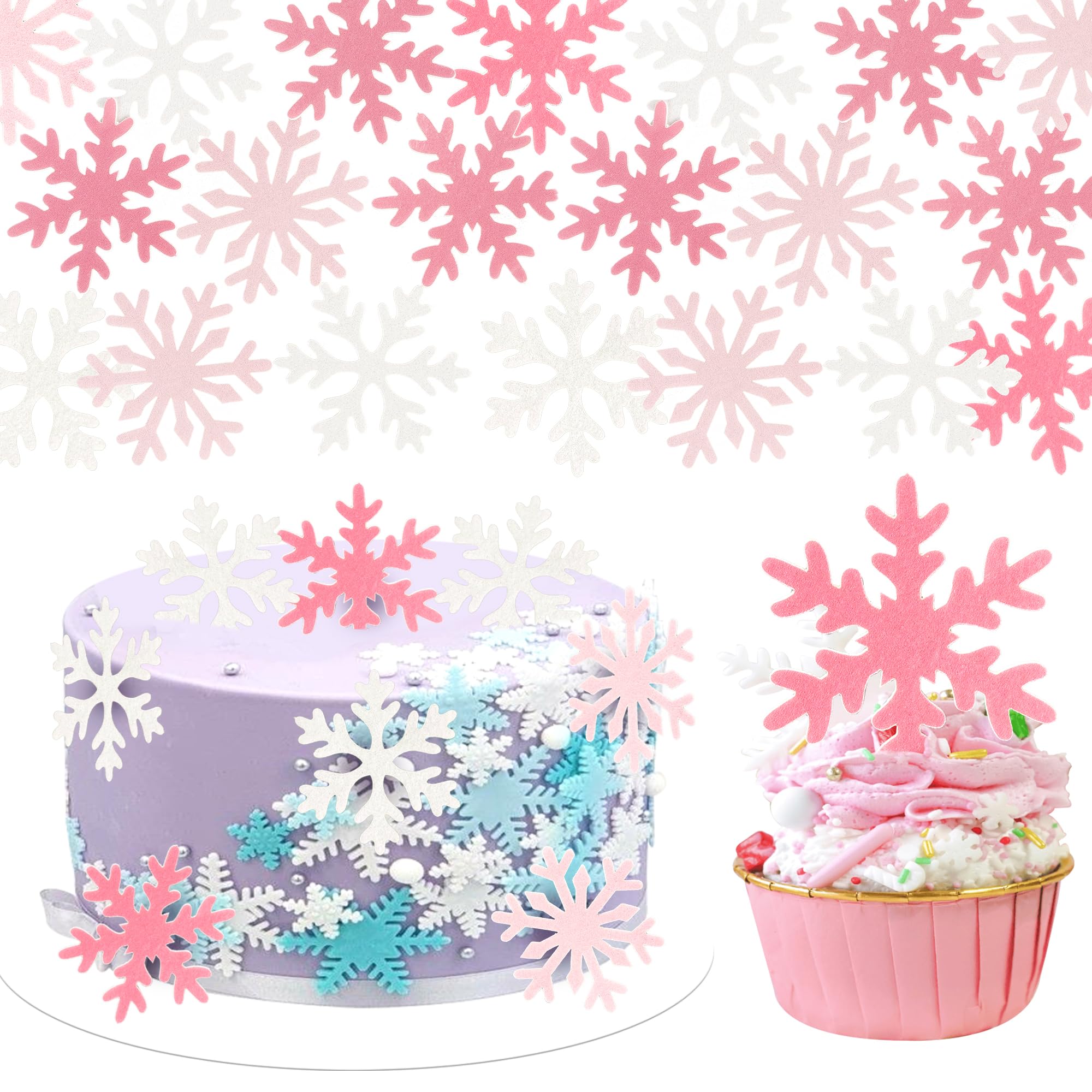 60 Pack Edible Snowflake Cupcake Toppers Wafer Paper Frozen Cake Decorations Edible Frozen Cupcake Toppers for Winter Snowflake Theme Baby Shower Birthday Christmas Party Supplies Pink White