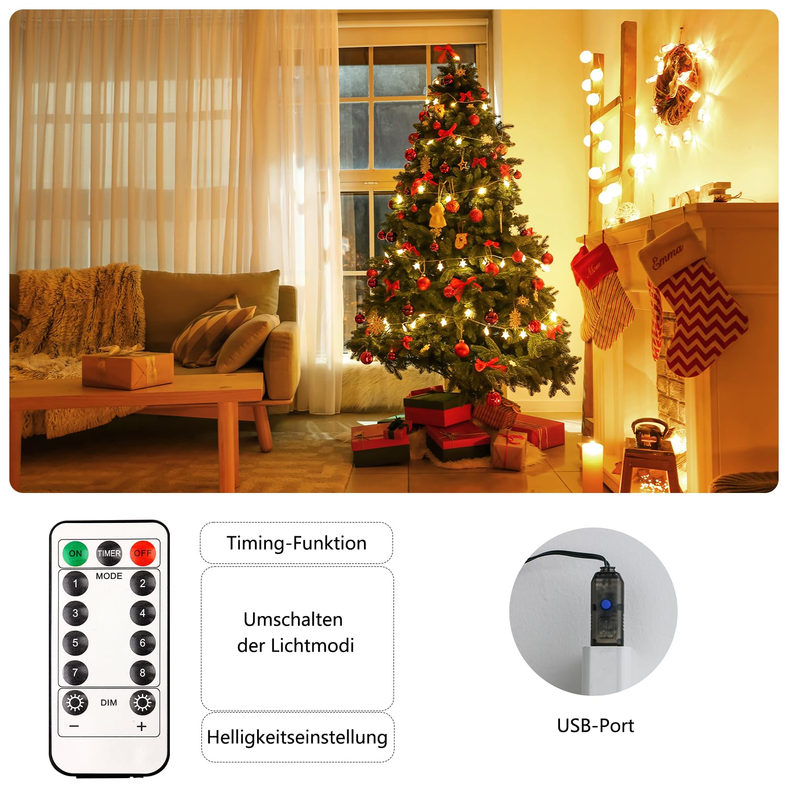 Guirlande lumineuse pour sapin de Noël 280LED 2M×8 Guirlande Fil Cuivre 8 Modes Étanchéité IP44 Guirlande pour Lumière D'arbre de Noël, pour 1.5-2.4M Guirlande lumineuse