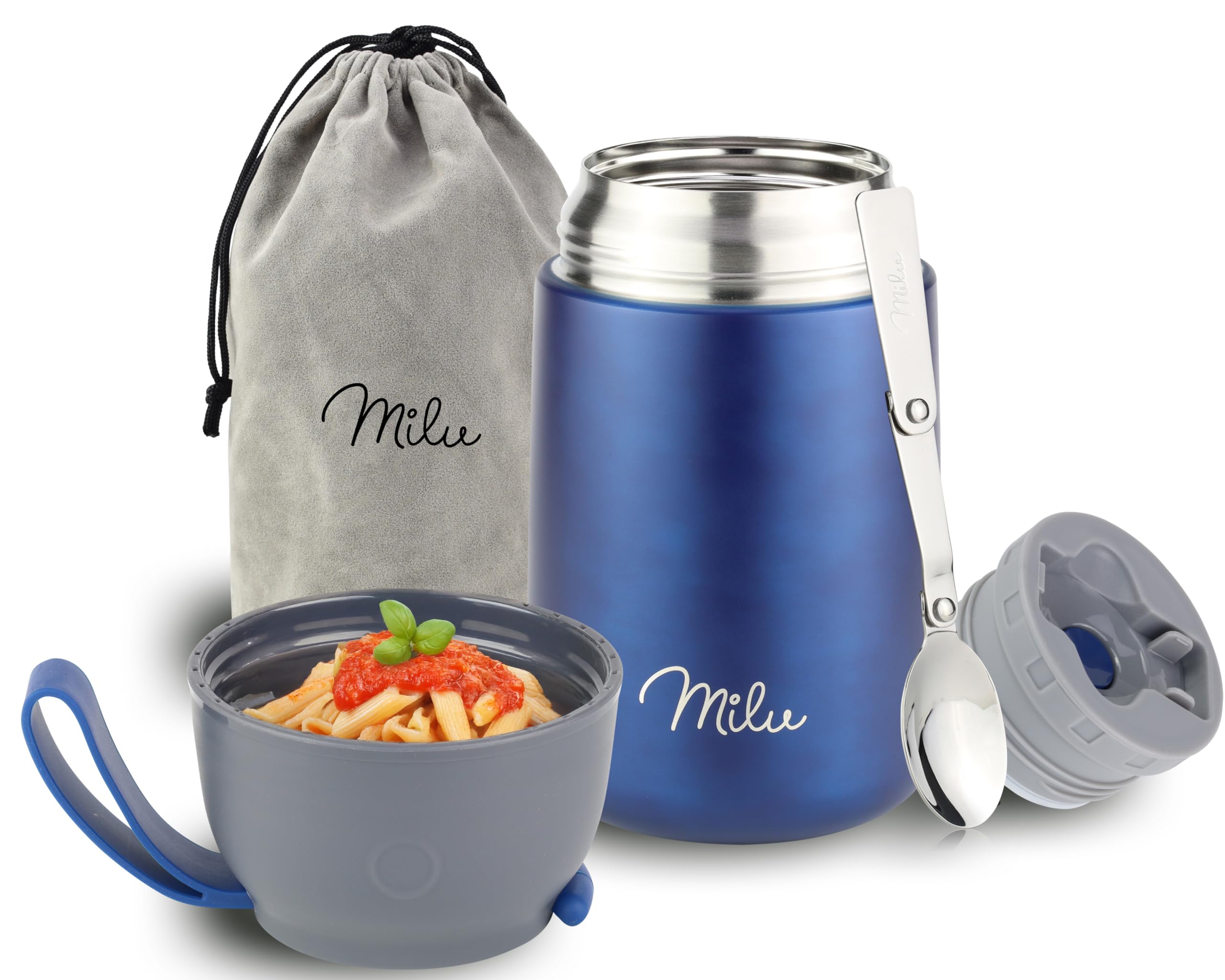 Milu Food Flask for Hot Food - 650ml Leakproof Insulated Stainless Steel Thermal Lunch Box, Soup Container with Spoon, BPA-Free, To go Meal Prep, Porridge (Navyblue, 650ml)
