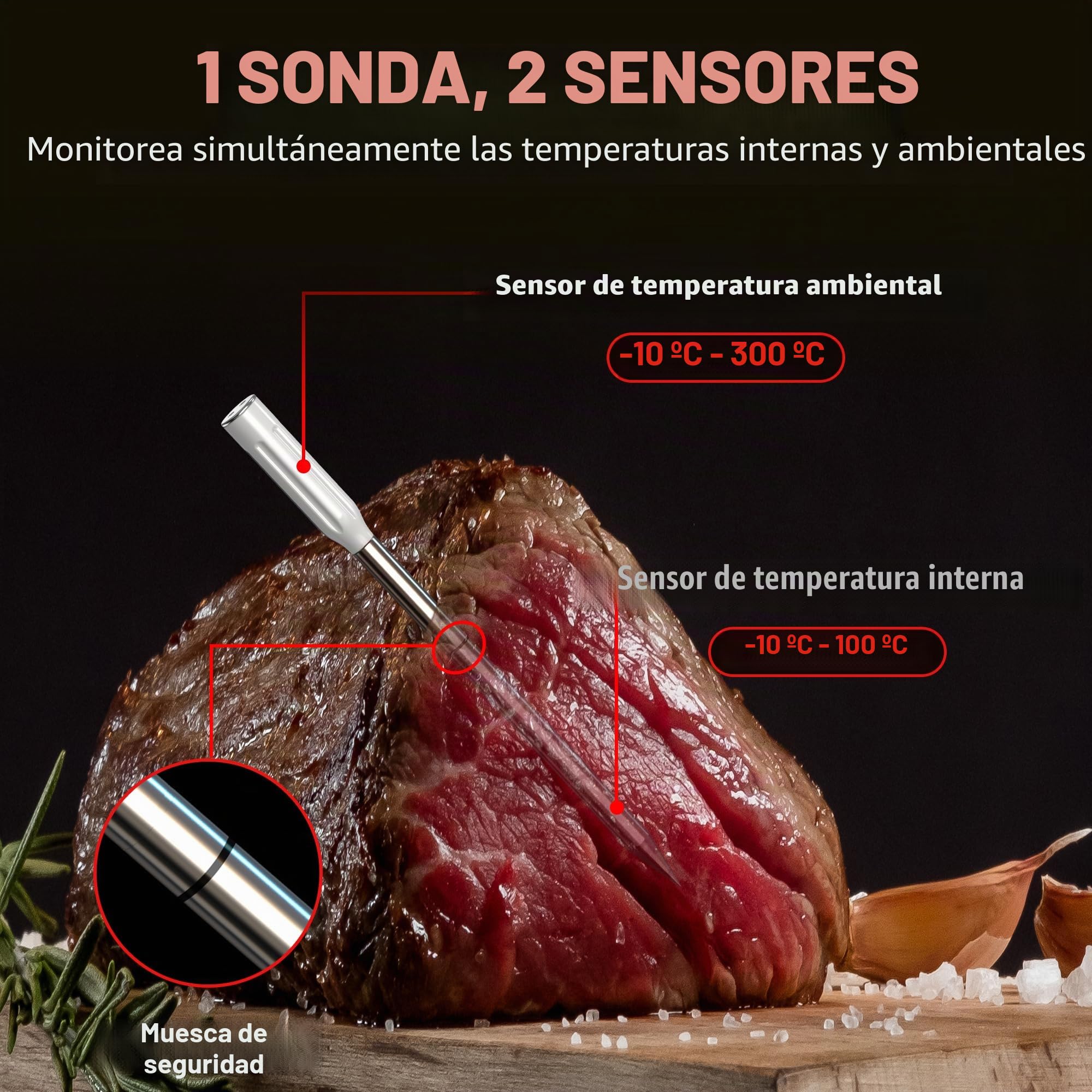 ThermoPro TempPro TP961 150M Termómetro de Cocina Inalámbrico, Termómetro de Carne Bluetooth con Alarma de Temperatura, Termómetro Digital Cocina para Parrilla, Barbacoa
