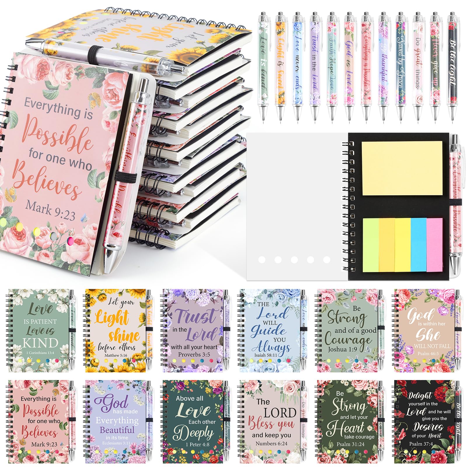 Piuaeue 48 Pcs/24 Set Christian Prayer Journal Spiral Notebooks Bulk with Pens Prayer Journal Religious Bible Verse Valentines Day Holy Week Spiral