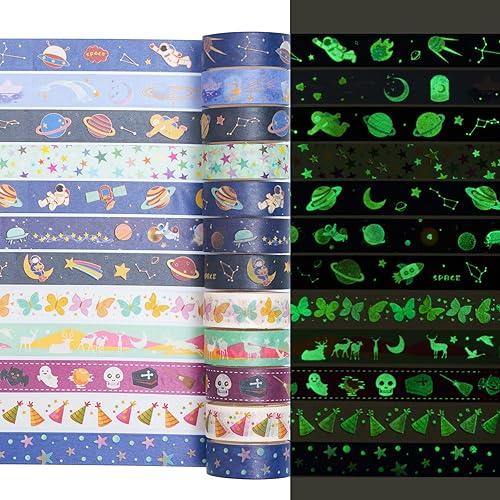 YUBX Luminous Galaxy Washi - Juego de 12 rollos de cintas adhesivas decorativas que brillan en la oscuridad para artes, manualidades, diarios,