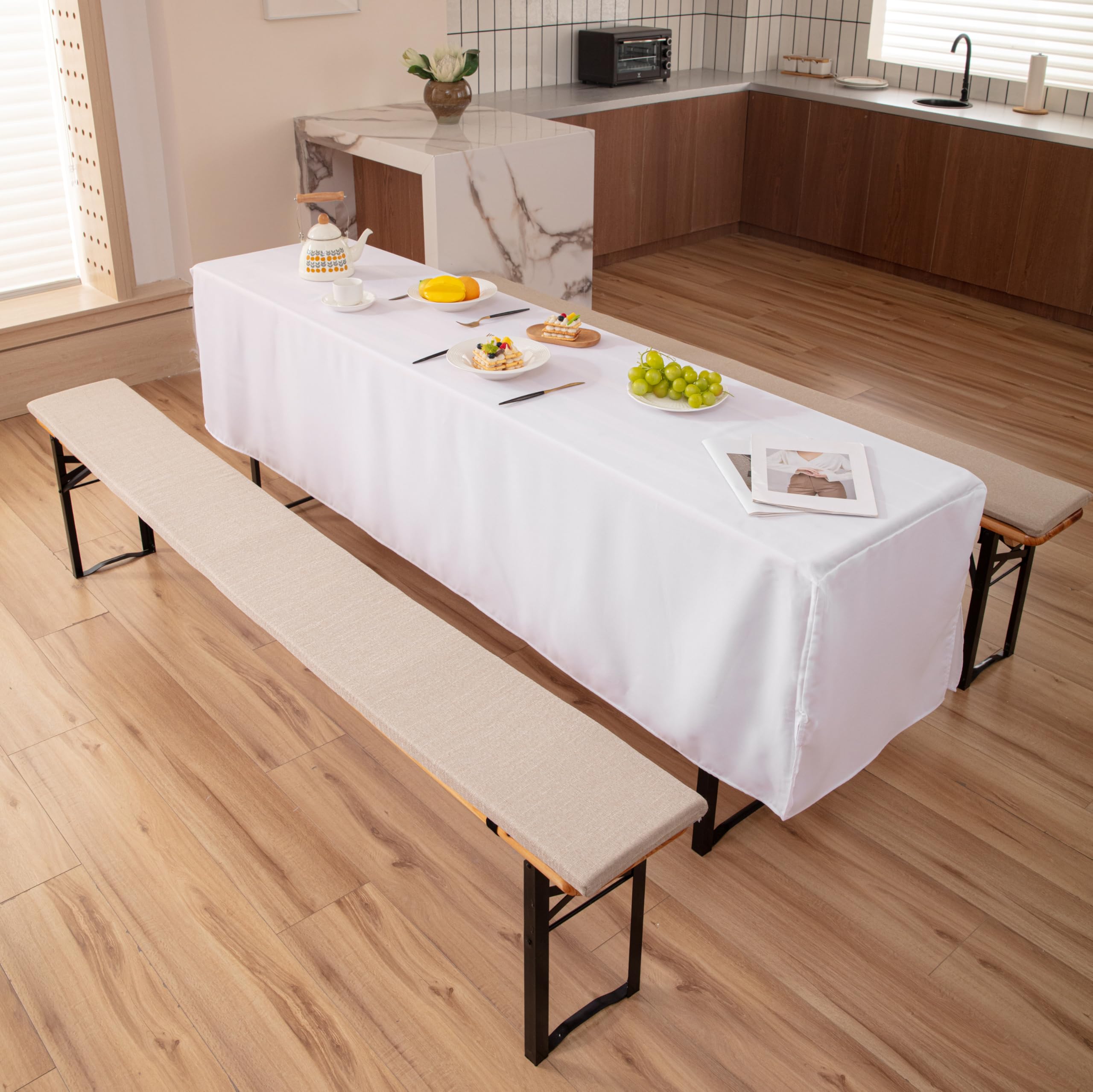 EBETA 2 x Cuscini per panca, Tappetino antiscivolo, Cuscini per panchina da birra in cotone e lino con fibbia, 220 x 25 x 3 cm (Beige)