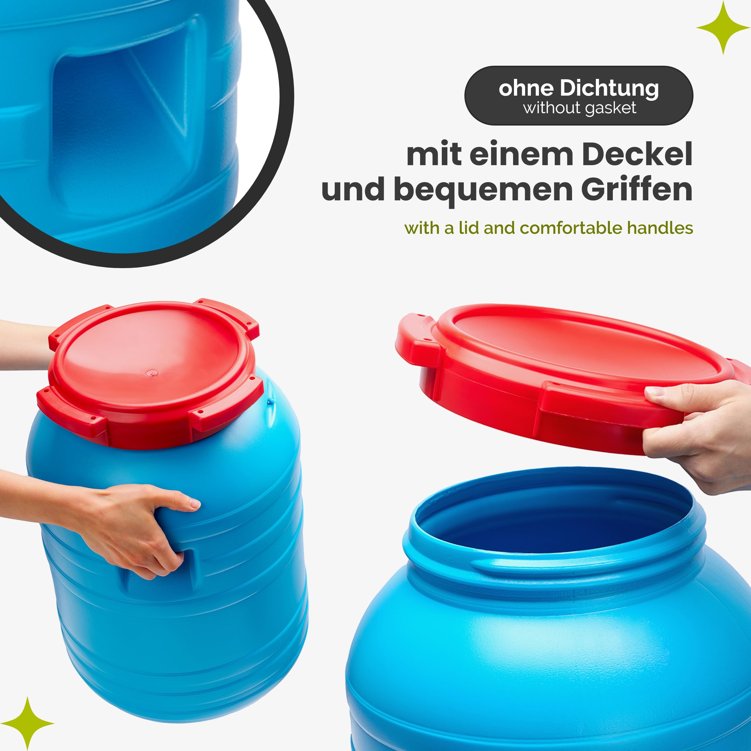 Garronda 30L 2-er Pack Plastikfass Lebensmittelfass aus HDPE-Kunststoff Regentonne Kunststofffass Universalfass Deckelfass Lebensmittelecht Wasserfass Regentonne Lagerfass Stabile Griffmulden GD-0055