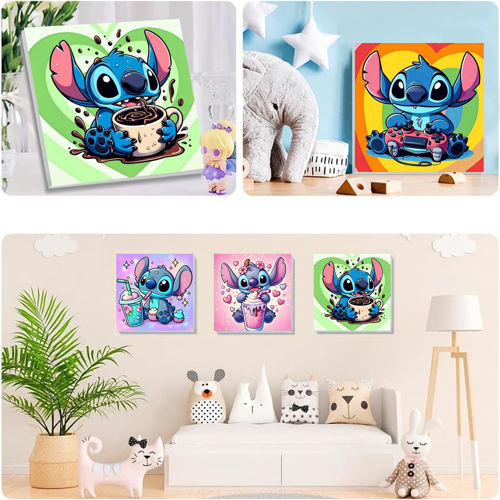 KOJEFCV 4 Pack Cartoon Paint by Numbers for Kids with Framed Canvas-with Wooden Easel, Paint by Number for Kids Ages 4-8-12, DIY Easy Acrylic Oil Painting Kits for Home Wall Decor (8X8inch)
