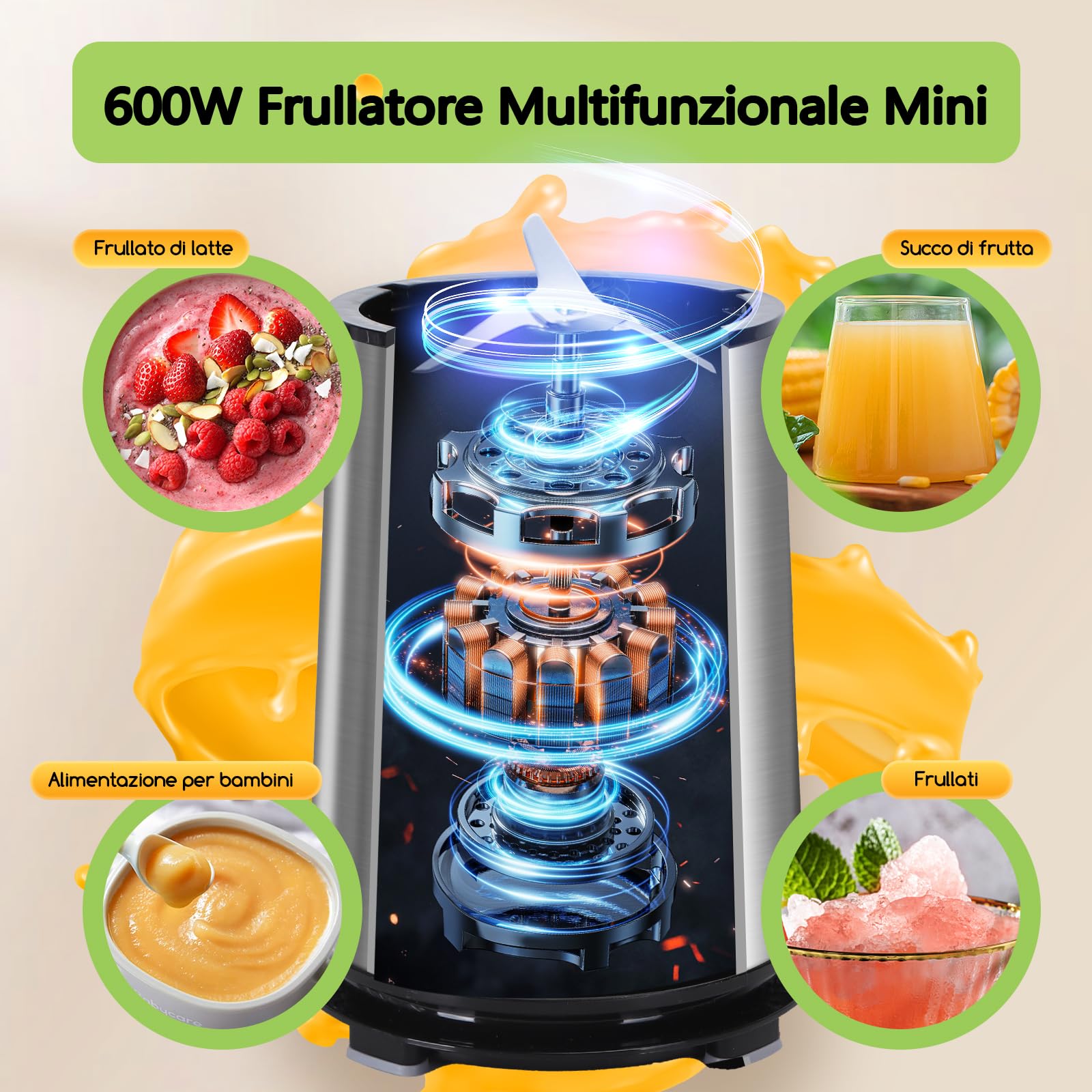 Aigostar Frullatore Portatile, Frullatore Elettrico con borraccia da 2 * 800ml BPA FREE, 2 Velocità e Pulse, 4 Lame Inox, 600W, per Frullati, Trita Ghiaccio e Frutta Congelata. Nero, Baron.