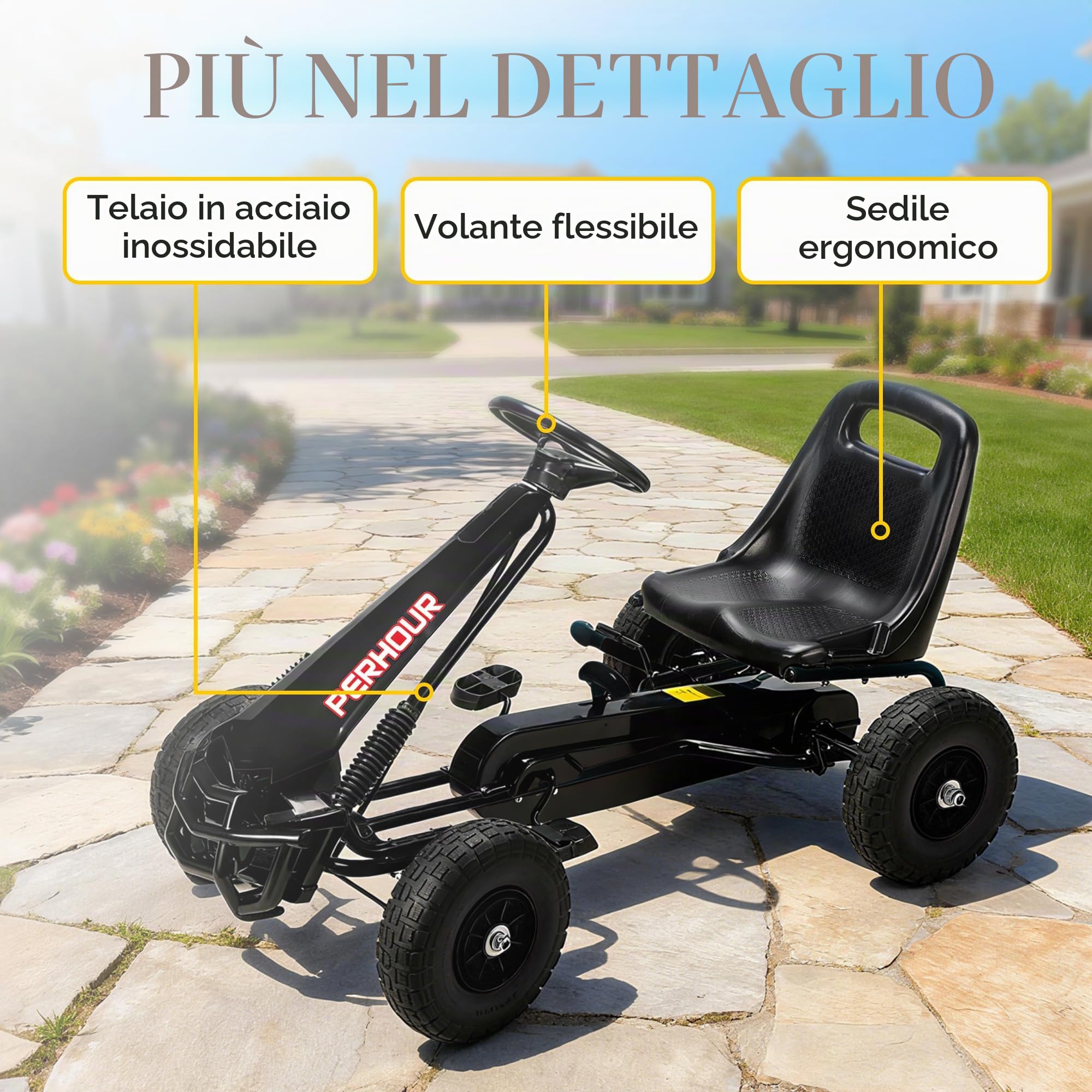 AIYAPLAY Go-Kart a pedali per bambini, con sedile regolabile, pneumatici EVA, frizione e freno manuali, veicolo a pedali per bambini e bambine dai 3 agli 8 anni, nero