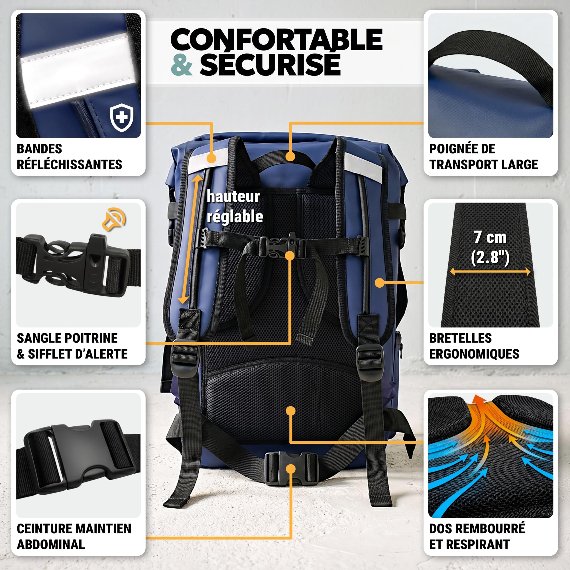 Ruqqle Sac étanche Polyvalent, Waterproof Dry Bag 20/30/45L, 3 Poches externes, Sac à Dos Confort imperméable idéal Voyage Plage Mer Bateau Canoë Paddle Kayak Moto Randonnée Camping Pêche Loisirs