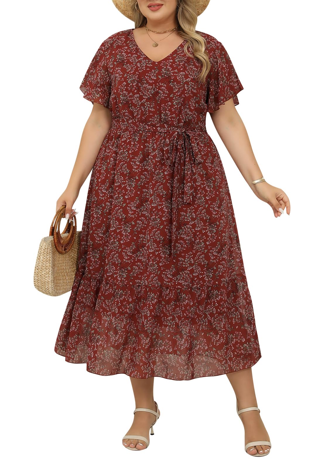 Nemidor Plus Size Women Casual Maxi Dresses Print Bobo Belted Layered Chiffon Summer Long Dress with Ruffle Sleeve