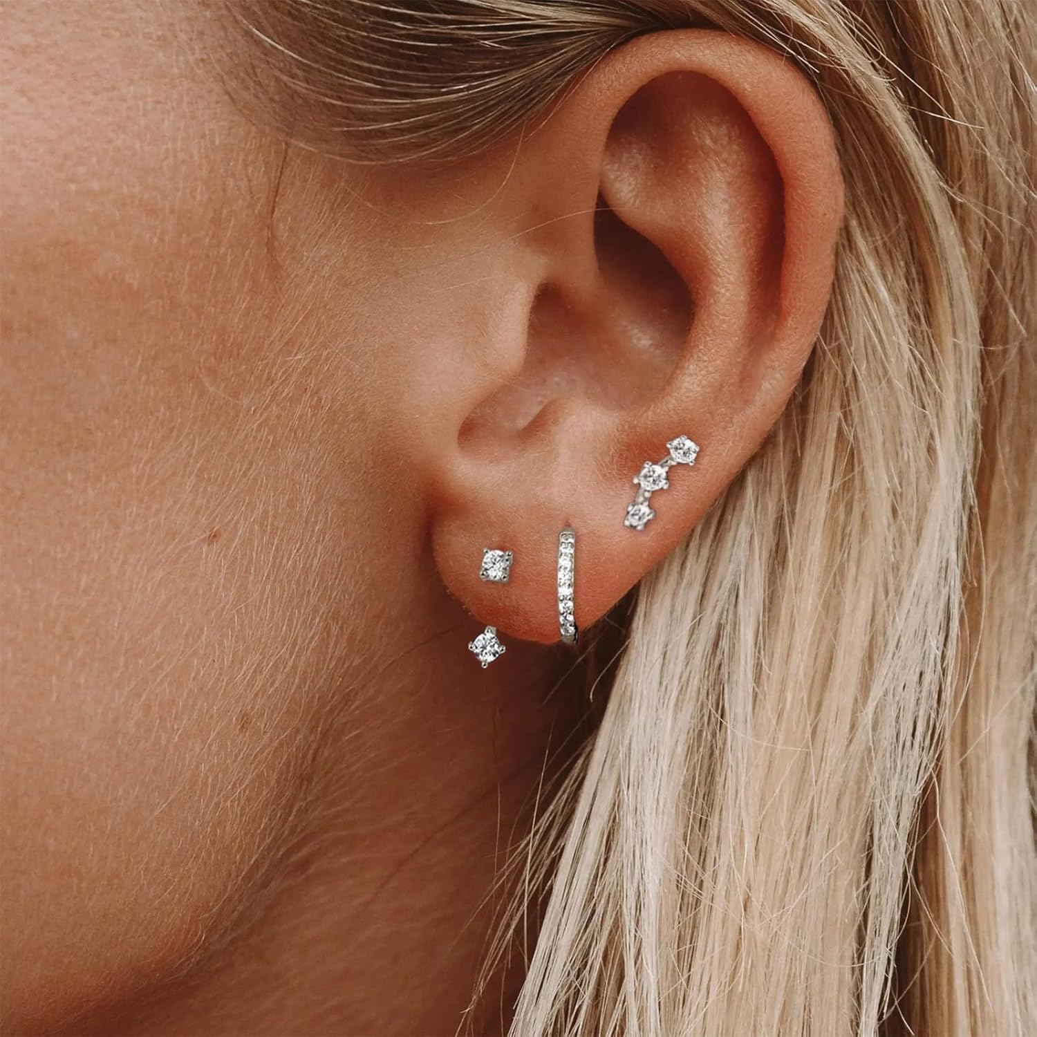 Silver Hoop Earrings Set for Women Dainty Studs Earrings Rhinestone Hoop Earrings Piercing Cartilage Earrings Hypoallergenic Small Hoop Earrings Jewelry Gift for Women - Image 2