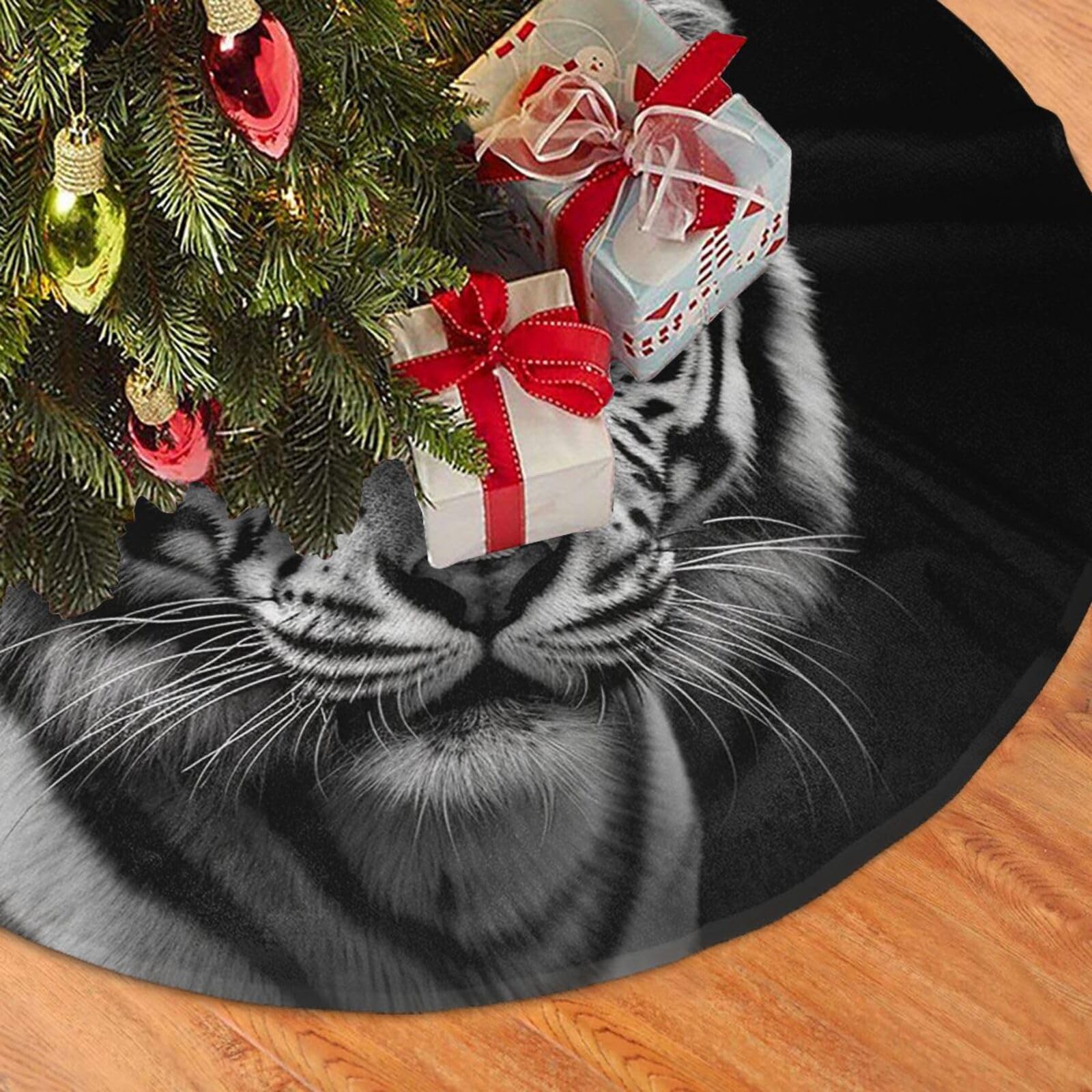 Fodpand Black And White Tiger Christmas Tree Skirt 36" Velvet Xmas Tree Skirt Mat Rustic Christmas Tree Mat Cover Winter Xmas Tree Collar For Indoor Outdoor Christmas Decorations