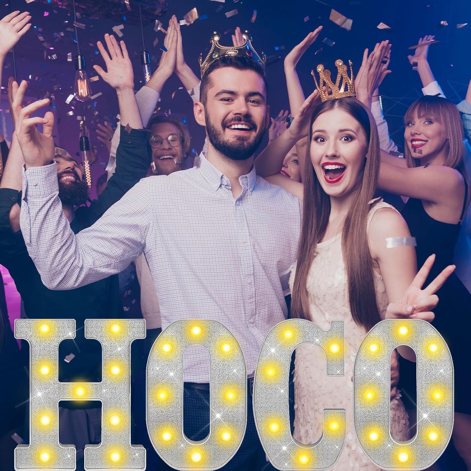 4 Pcs Hoco LED Letter Lights Glitter Hoco Marquee Light Letters Table Sign Lights up 3D Plastic Sign for Homecoming Dance Parade Kingqueen Assembly Football Game Party Favor Supplies (Silver)