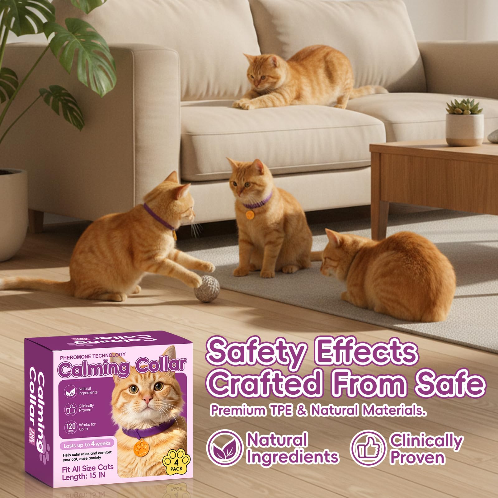 Calming Collars for Cats, 4 Packs Adjustable Calming Cat Collar with Pheromone Scent, with Yellow Gold Pendants, 120 Days Calm Relief for Anxious Cats, 15 Inch, Purple - image 6