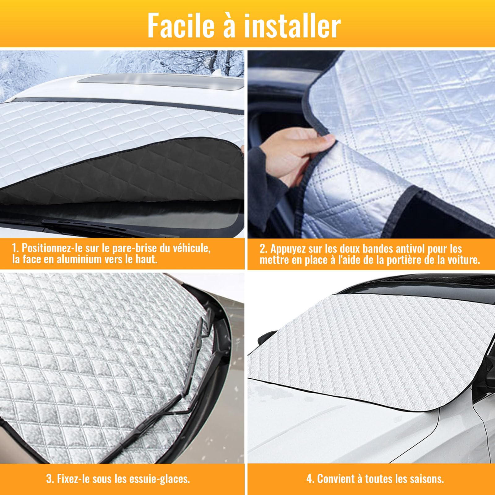 Couverture Pare Brise Voiture - Protege Pare Brise Givre, Pare Soleil Voiture 145x100cm, Anti-Gel, Anti-Glace, Anti-Soleil, Cache Vitre Voiture Toutes Saisons pour SUV, Berlines