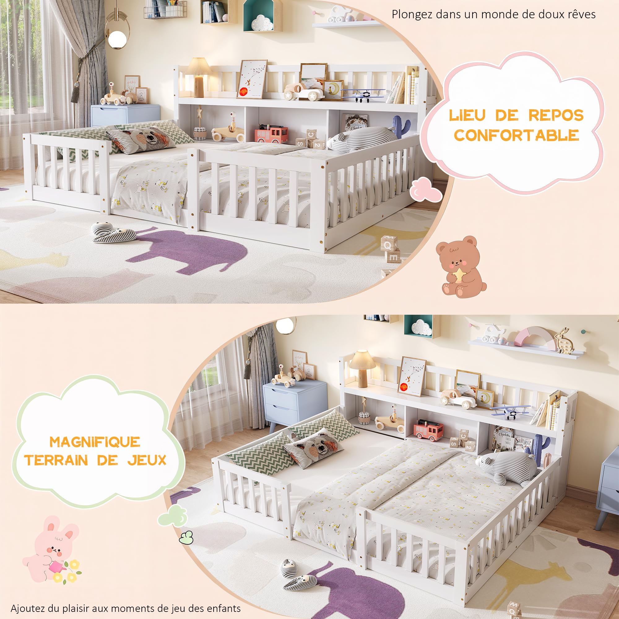 DADEA Montessori - Lettino da pavimento, 140 x 200 cm, con protezione anticaduta e rete a doghe, letto singolo per bambini e ragazzi, senza materasso