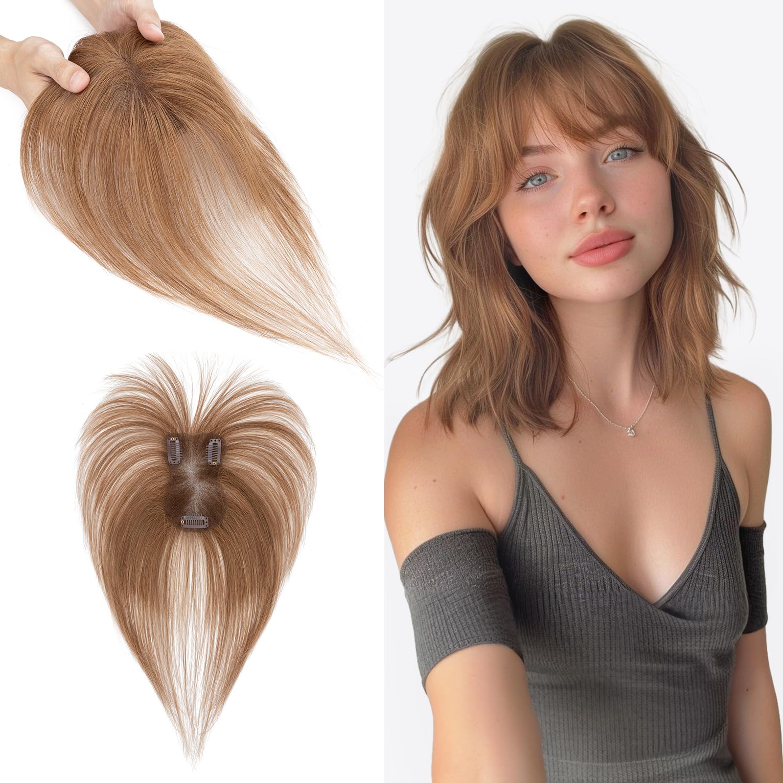 S-noilite Hair Toppers for Women Human Hair with Air Bangs - 7x11cm Hand-stitched Base 360° 3D Coverage Natural 14g (Light Brown #6)