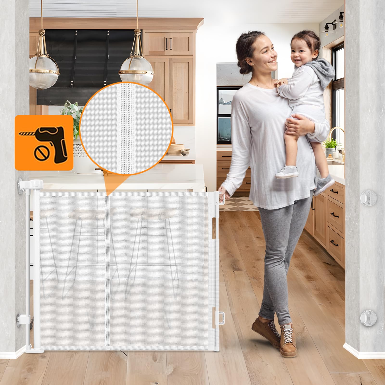 Upgrade No Drill Retractable Baby Gates No Drilling Retractable Gate with Support Rods to Prevent Crawling Underneath, 55” Wide Mesh Baby Gates for Doorways No Drilling Retractable Dog Gate for Stairs