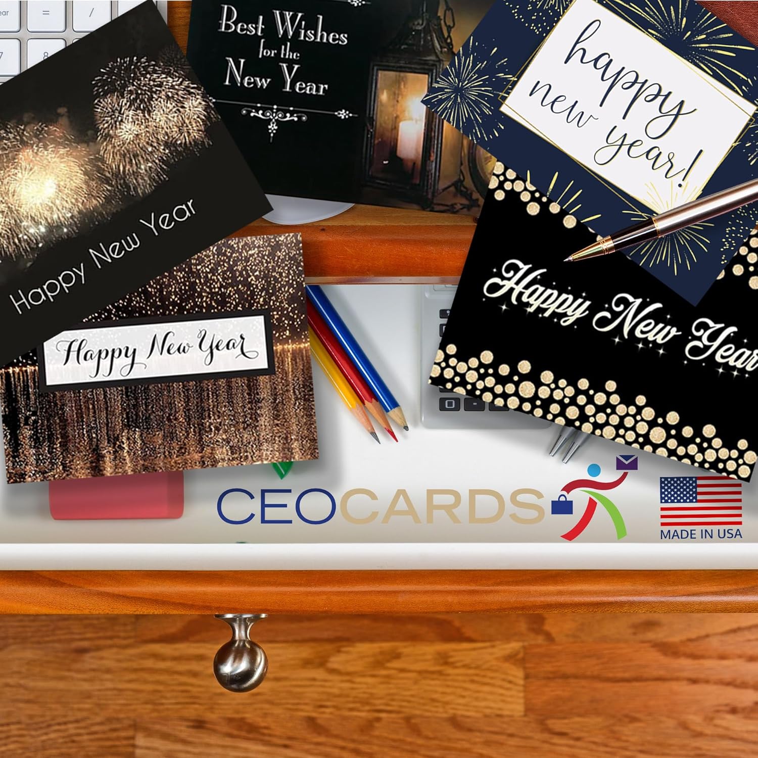 Happy New Years Cards with Gold Foil Envelopes for Business & Family (25 Pack - Variety) Bulk Greeting Card 2026 New Year Set (5x7 inch) Office, Work Employees & Clients (VP1505) Made in USA