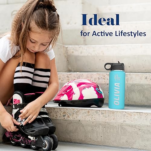 Miniatura 8 de Botella de agua de acero inoxidable aislada personalizada para niños, 18 onzas con tapa superior abatible y popote, grabado personalizado con nombre