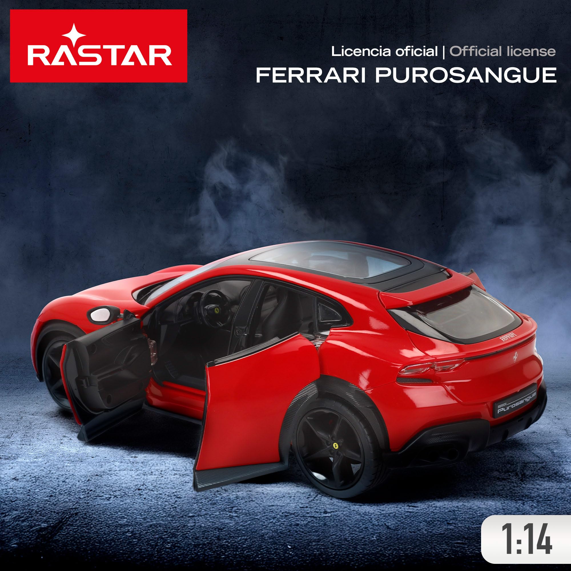 ColorBaby RASTAR RC Ferrari Purosangue, skala 1:14, replika pilota, drzwi składane, wierne szczegóły, kolekcjonerskie samochody, dla chłopców i dziewcząt od 6 lat (41370)