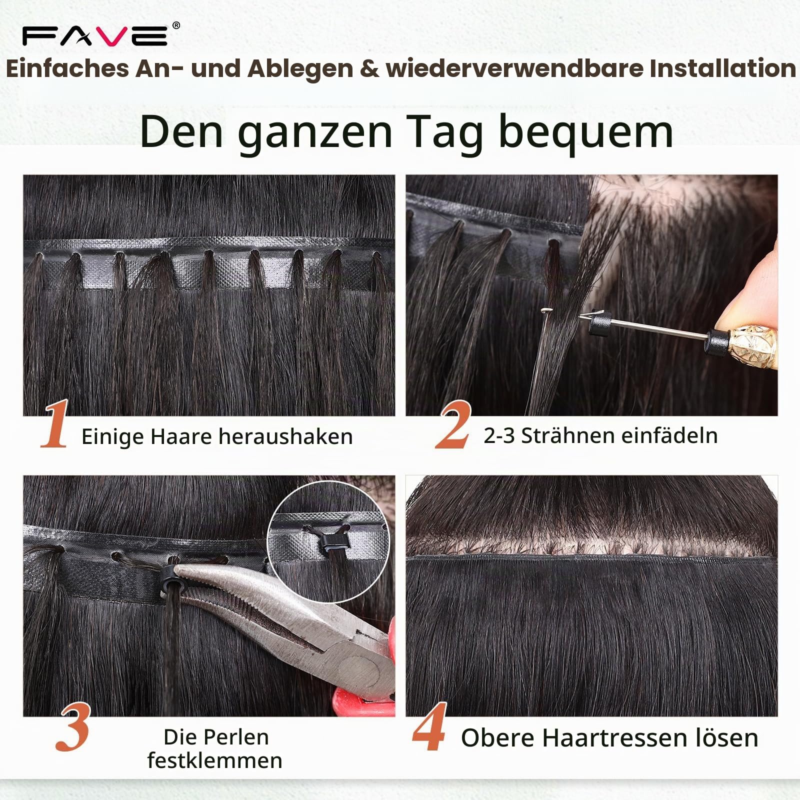 FAVE 100g Echthaar Extensions 45cm, 8-teilig, Butterfly Weft | Schwarz Natur, 100% Remy Echthaar, PU Skin Basis, Mikroperlen, Doppel-Tabs, Kleberfrei, Wiederverwendbar für Alltag, Hochzeit