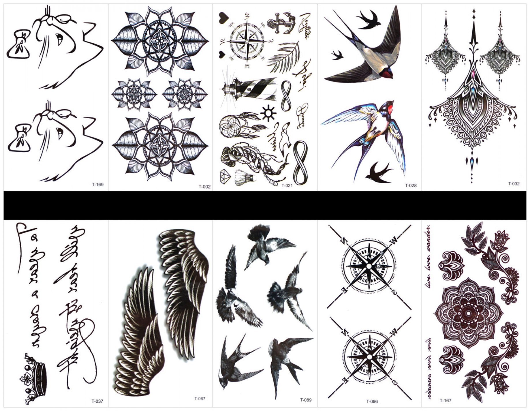 GGSELL GGSELL 10pcs tattoo cat temporary tattoos in one packages,including leopard,flowers,totem,swallow,jewelry,wings,compass,india trial design,etc.
