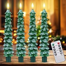 4 Pcs Christmas Tree Candles with Remote and Timer LED Flameless Taper Candles Christmas Tree with Snowy LED Candlesticks Battery Operated Candle for Christmas Decoration