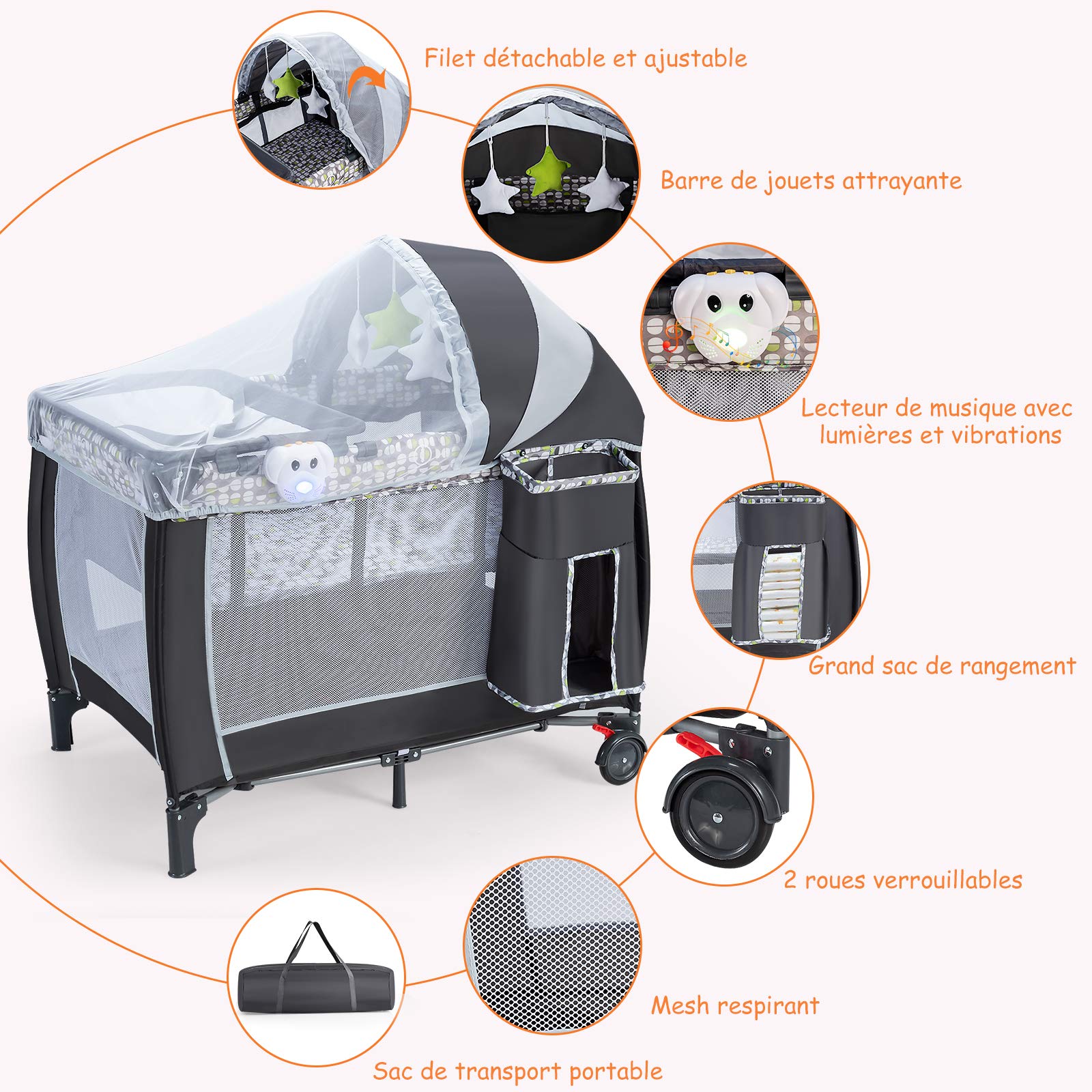 COSTWAY Lit Parapluie Bébé Pliant 4 en 1 avec Matelas,Filet Amovible Réglable Table à Langer et Sac de Transport Parc de Jeu Pliable Roues Verrouillables Gris